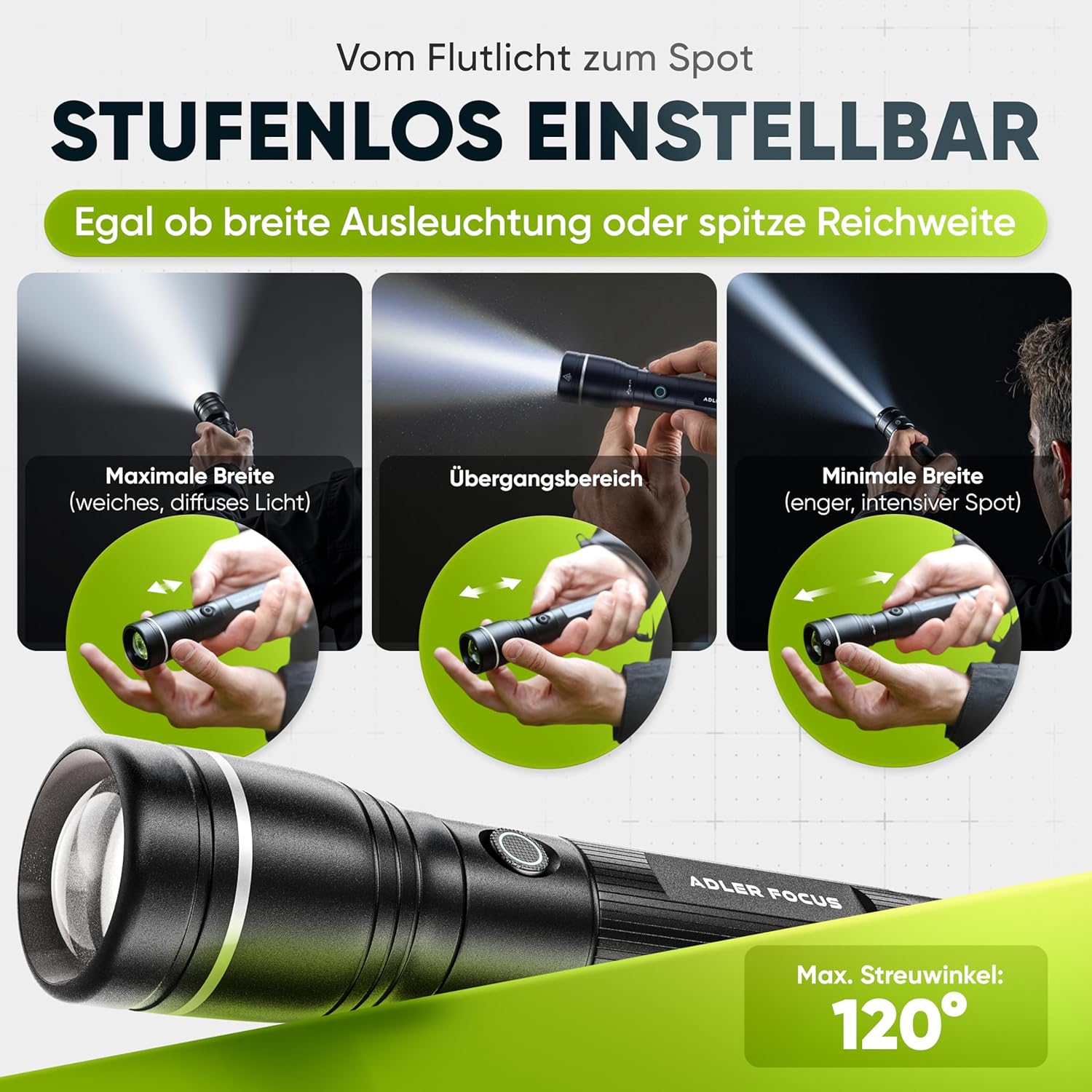 Taschenlampe | LED wiederaufladbar 1000 Lumen | Fokussierbare Strahlreichweite von 600 Metern | 22 Stunden Lichtzeit | Für Camping, Wandern (Energieklasse A) – Bild 3