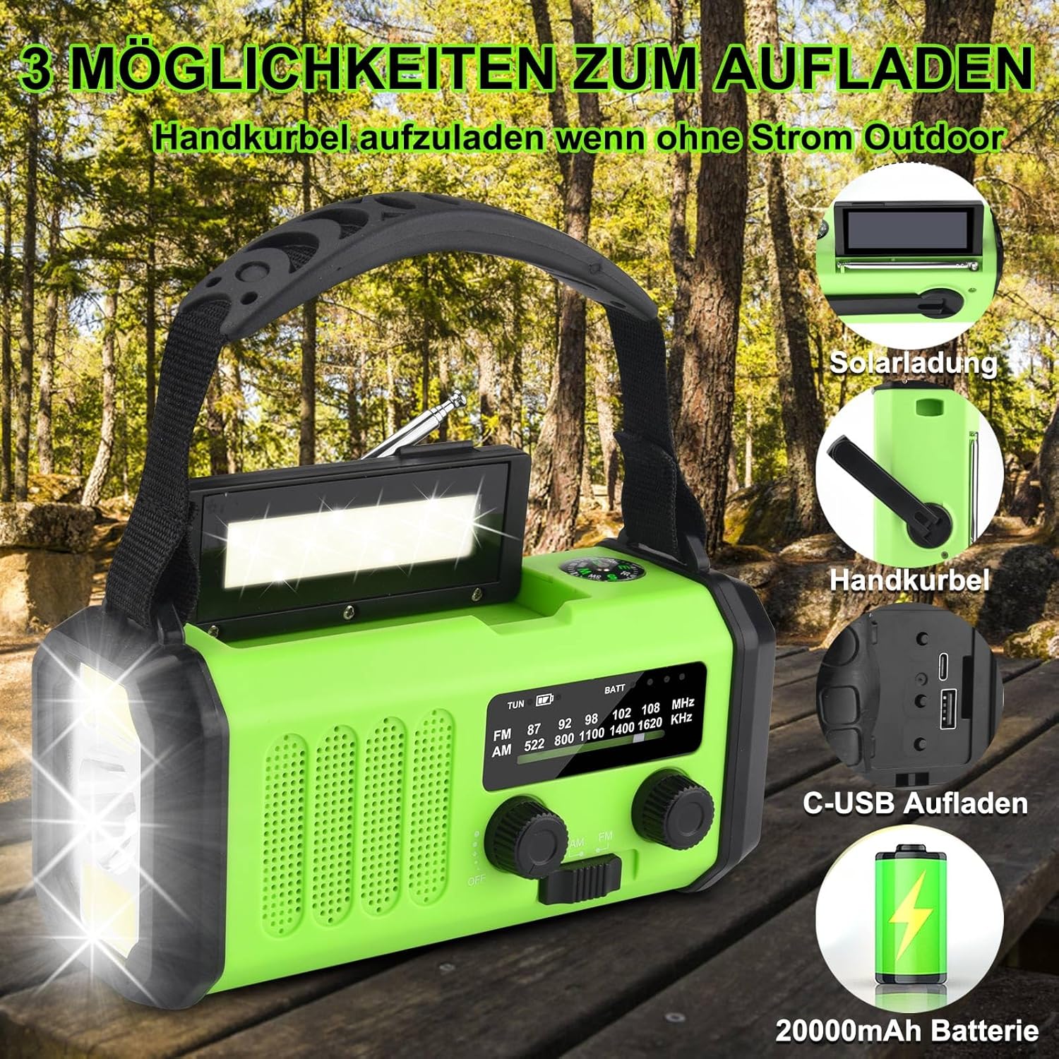 Solarradio, tragbares Kurbelradio, AM/FM-Notfallradio mit 10000/20000 mAh wiederaufladbarer Powerbank, 3 Modi LED-Taschenlampe, SOS-Alarm, USB-C-Handy-Aufladung für Camping im Freien (grün, 20000 mAh) – Bild 4