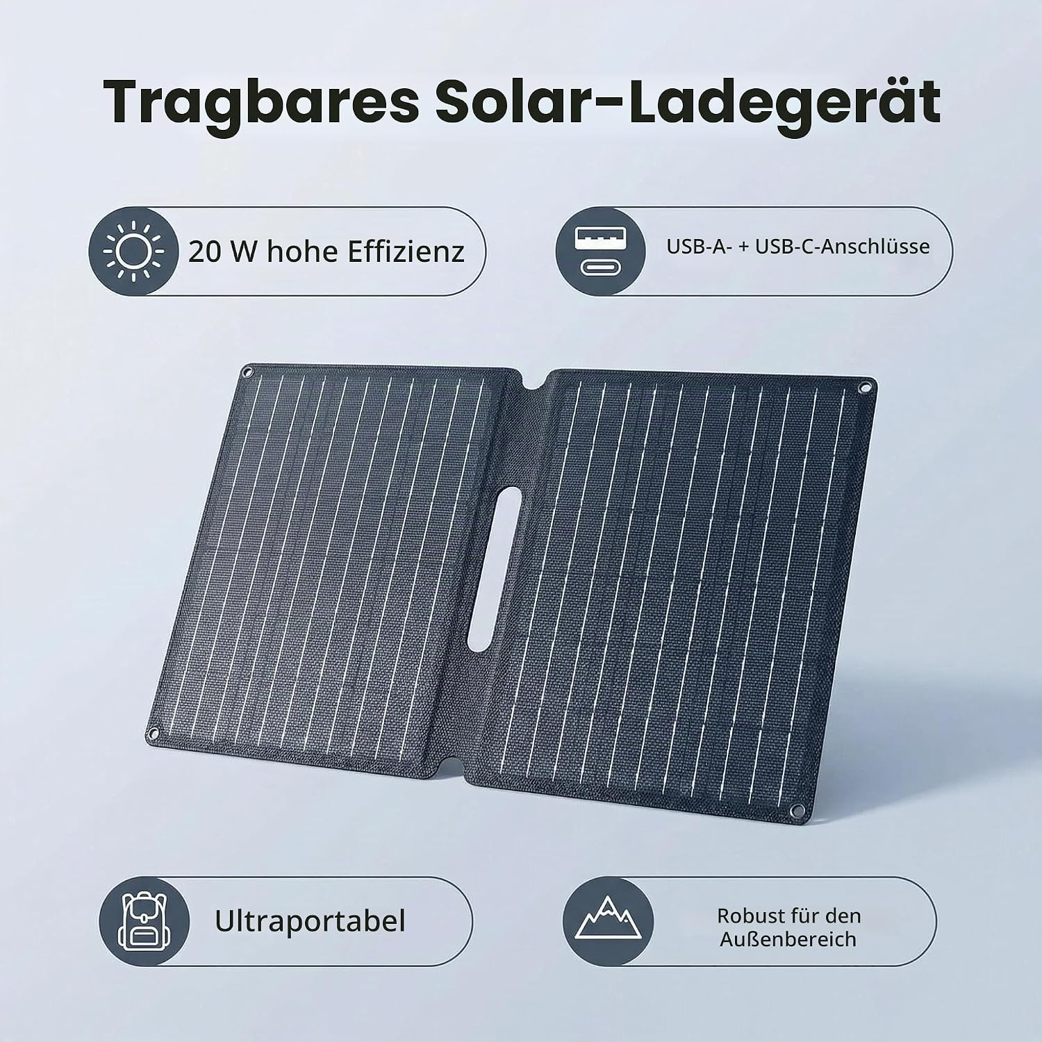 Tragbares Solarladegerät, 20 W Solarpanel faltbar mit 2 Anschlüssen (USB-C + USB-A), IP44 wasserdichtes tragbares Solarladegerät, Handy-Solarpanel im Freien, Camping-Ladegerät für Smartphone – Bild 2