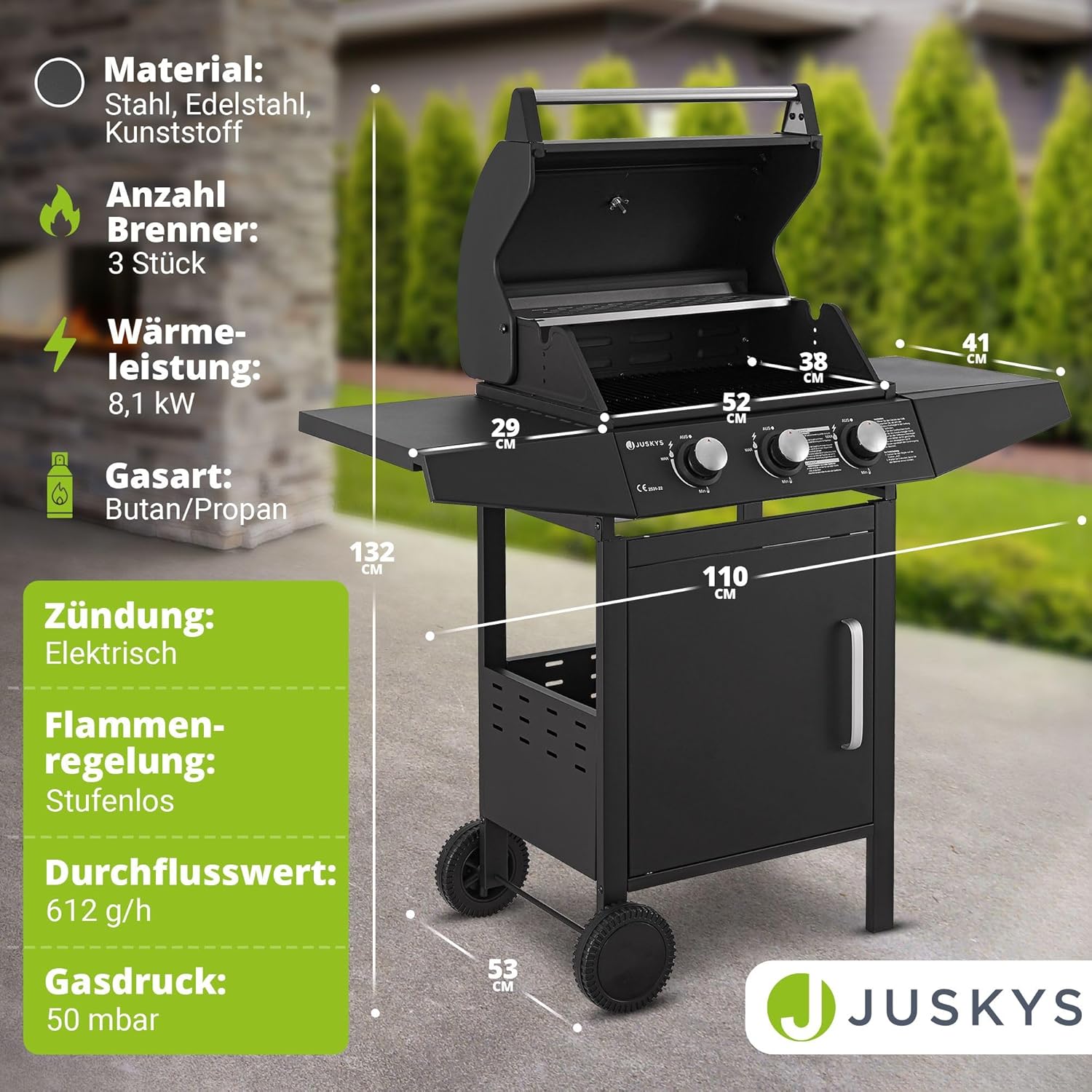 Broilcue Louisiana BBQ Gasgrill 3 Brenner 8,1 kW Gasgrillwagen inkl. Grill Grillrost, Deckel mit Grillthermometer, Warmhalterost und Seitenablagen – Bild 7