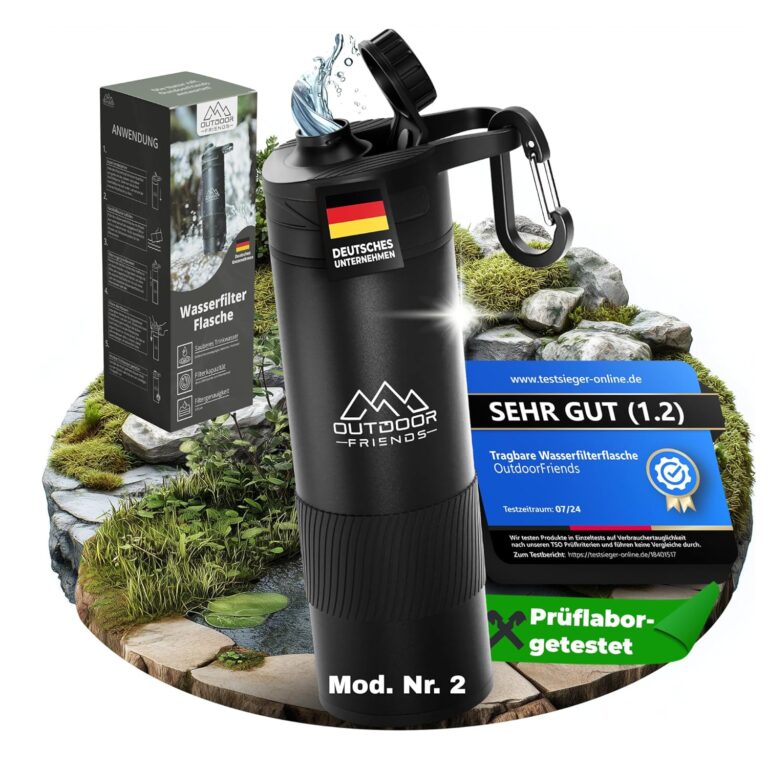 OutdoorFriends - Wasserfilter Outdoor Survival - Wasserfilterflasche - Wasserflasche mit Filter - Wasserreiniger Trinkwasser (EasyPress) 0,01 µm 2000 L Filterkapazität Entfernt 99,9 % Bakterien