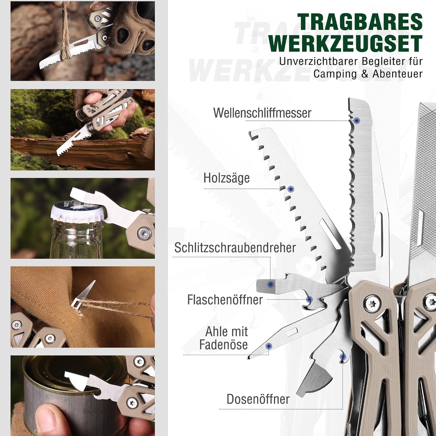 Mossy Oak 22-in-1-Multifunktionszange, Edelstahl-Multitool-Werkzeug, faltbares Multitool mit Bits, Messer, Säge und Lineal, Outdoor-Werkzeug für Camping, Wandern und Reparatur, inklusive Tragetasche, braun – Bild 4