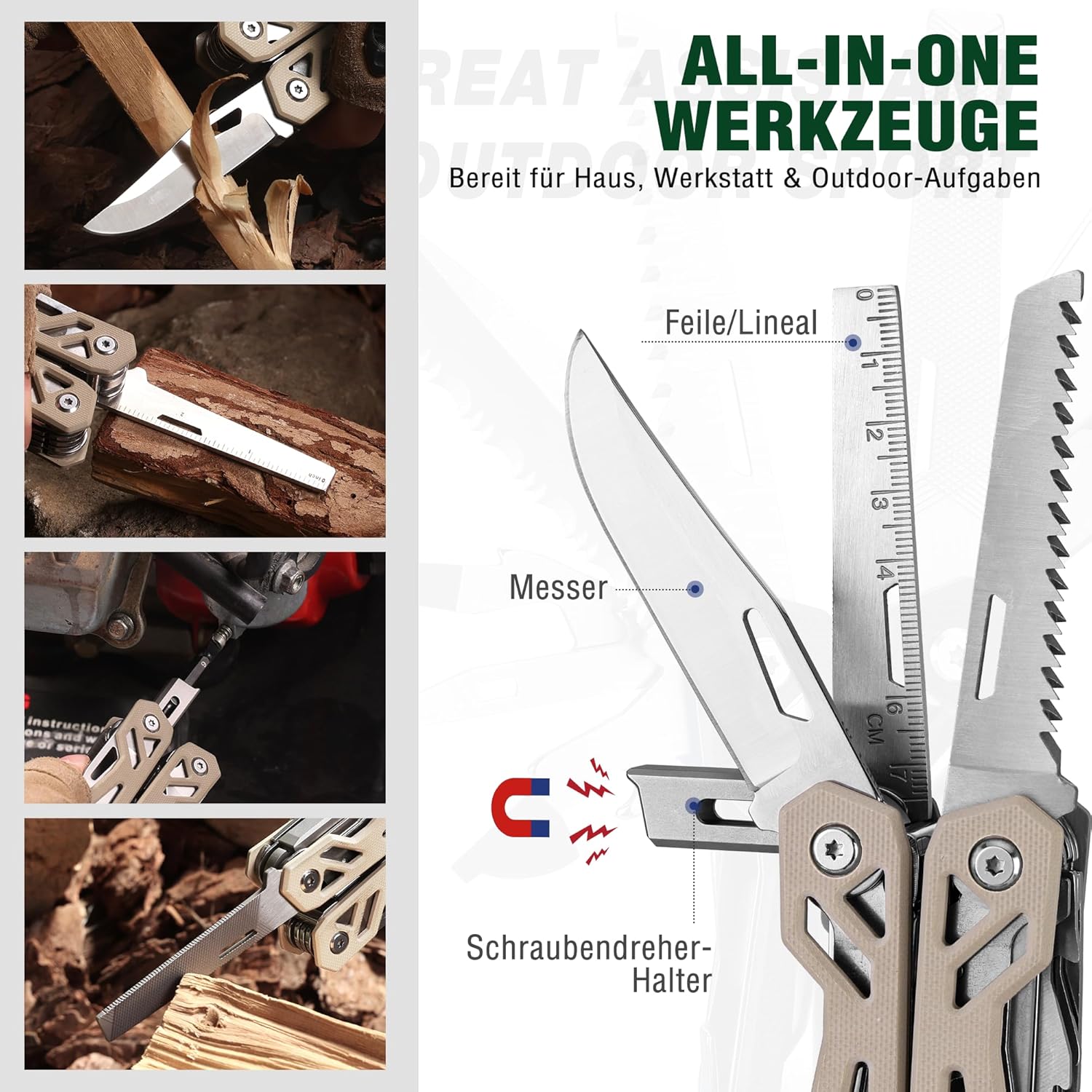 Mossy Oak 22-in-1-Multifunktionszange, Edelstahl-Multitool-Werkzeug, faltbares Multitool mit Bits, Messer, Säge und Lineal, Outdoor-Werkzeug für Camping, Wandern und Reparatur, inklusive Tragetasche, braun – Bild 5
