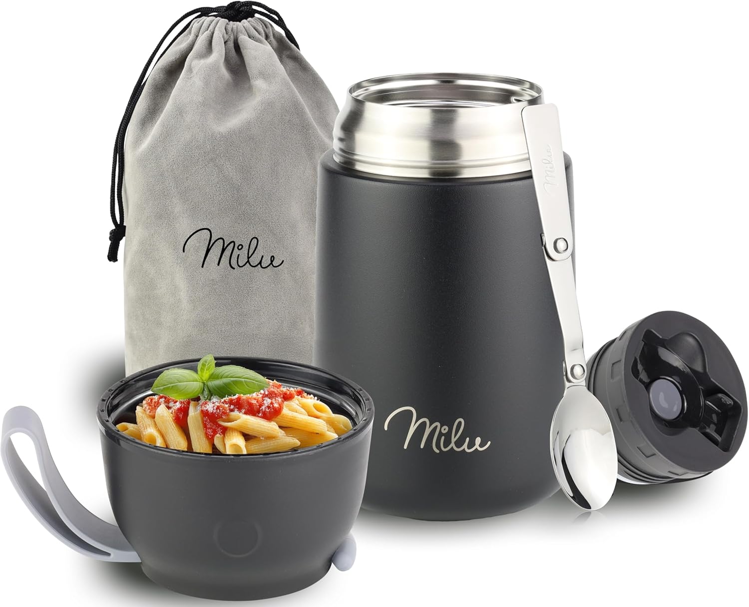 Milu® Thermo-Speisebehälter, 450/650/800 ml, Edelstahl, Wärmekonservierung, für Babynahrung, Müsli to go, Thermo-Lunchbox, Schwarz (650 ml)