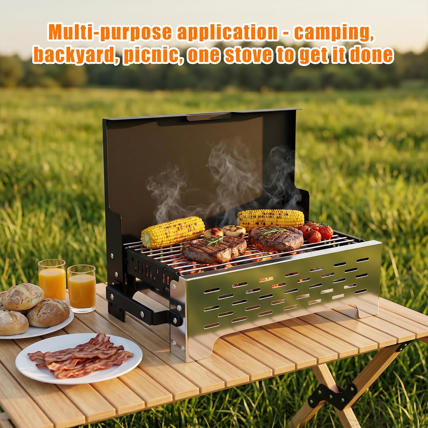 GFTIME Klappgrill mit Tasche, Holzkohlegrill, Tischgrill für Grillen im Freien, tragbarer faltbarer Grill aus Edelstahl mit Tragetasche für Camping, Picknick, Kochen im Garten und Terrasse – Bild 7