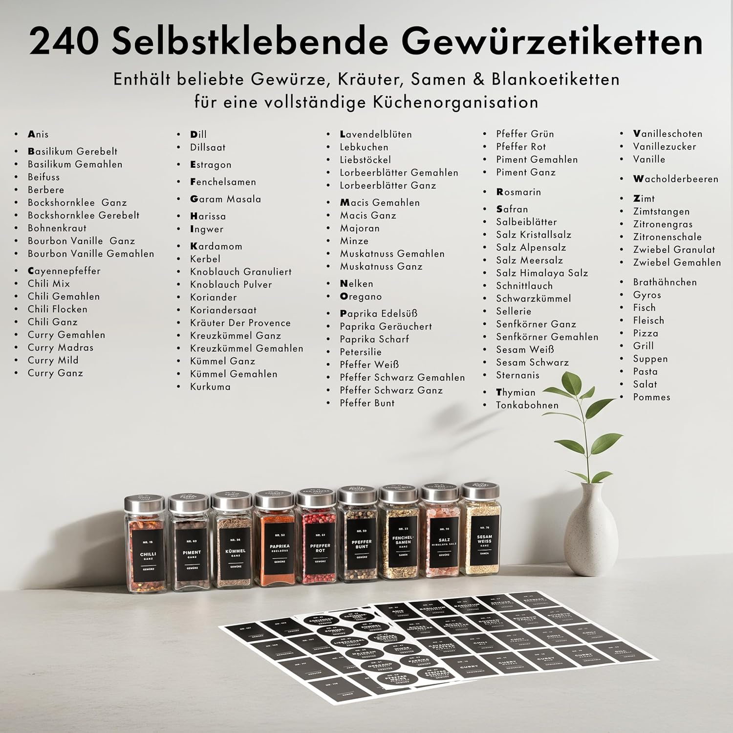 EDELHAUS Quadratisches Gewürzdosen-Set mit Edelstahldeckel (24 x 120 ml), Gewürzstreuer mit Streueinsatz und 240 Etiketten schwarz – hochwertige Gewürzbehälter, Gewürzdosen, Gewürz-Organizer (10,7 cm x 4,5 cm) – Bild 6