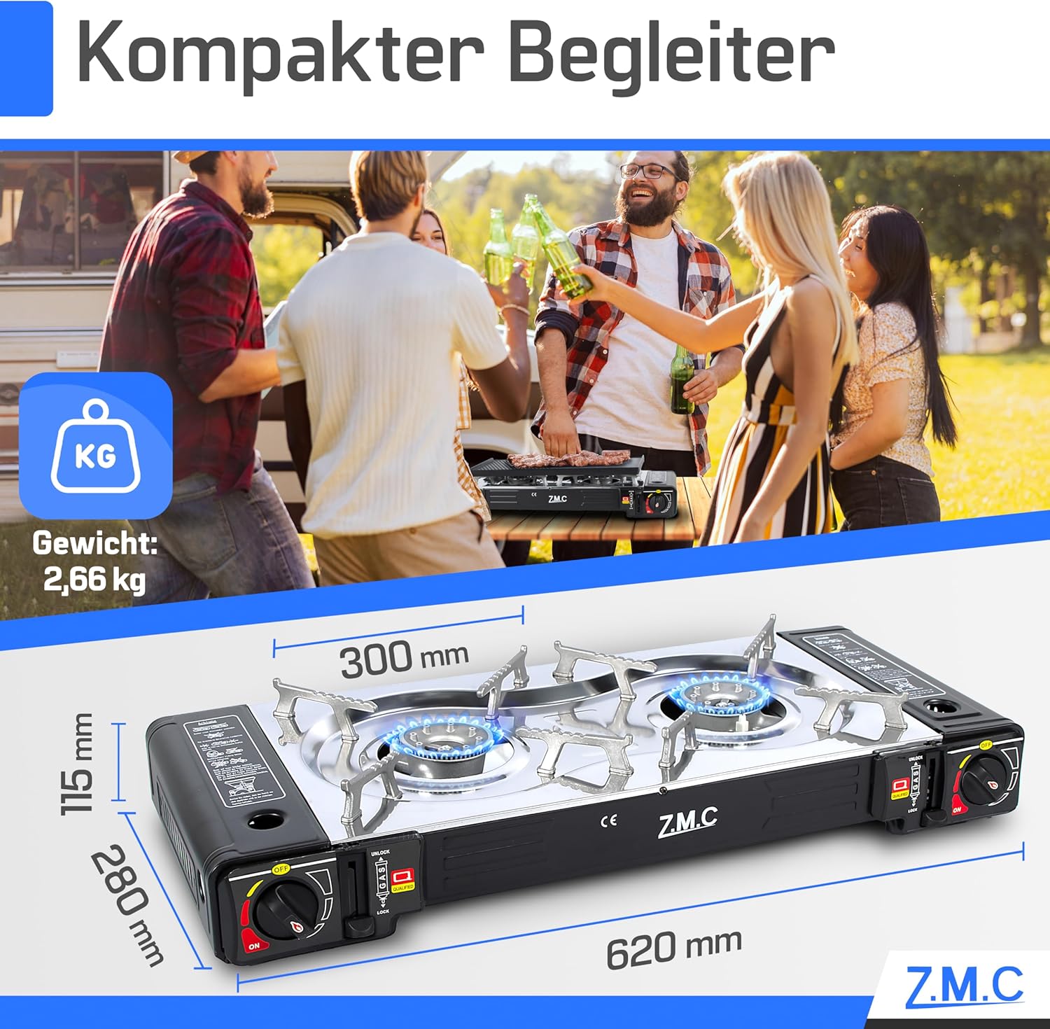 ZMC Gaskocher 2-flammig, 2 x 2,5 kW, LPG-Adapter + Aufbewahrungskoffer, Campingkocher mit Piezo-Zündung, optional mit Grillplatte und Gaskartuschen, 227 g, für den Außen- und Innenbereich – Bild 4