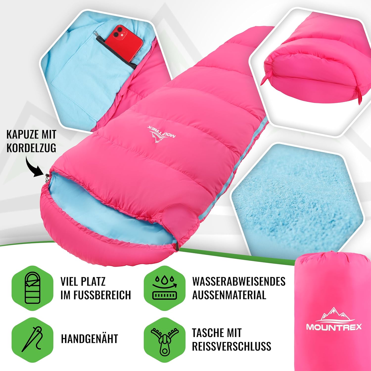 MOUNTREX® Kinderschlafsack – tragbar wie ein Rucksack – Schlafsack für Kinder (175 x 70 x 45 cm) – Outdoor, Reisen, Camping, – Mumienschlafsack leicht und kompakt – Innenfutter aus 100 % Baumwolle – Bild 3