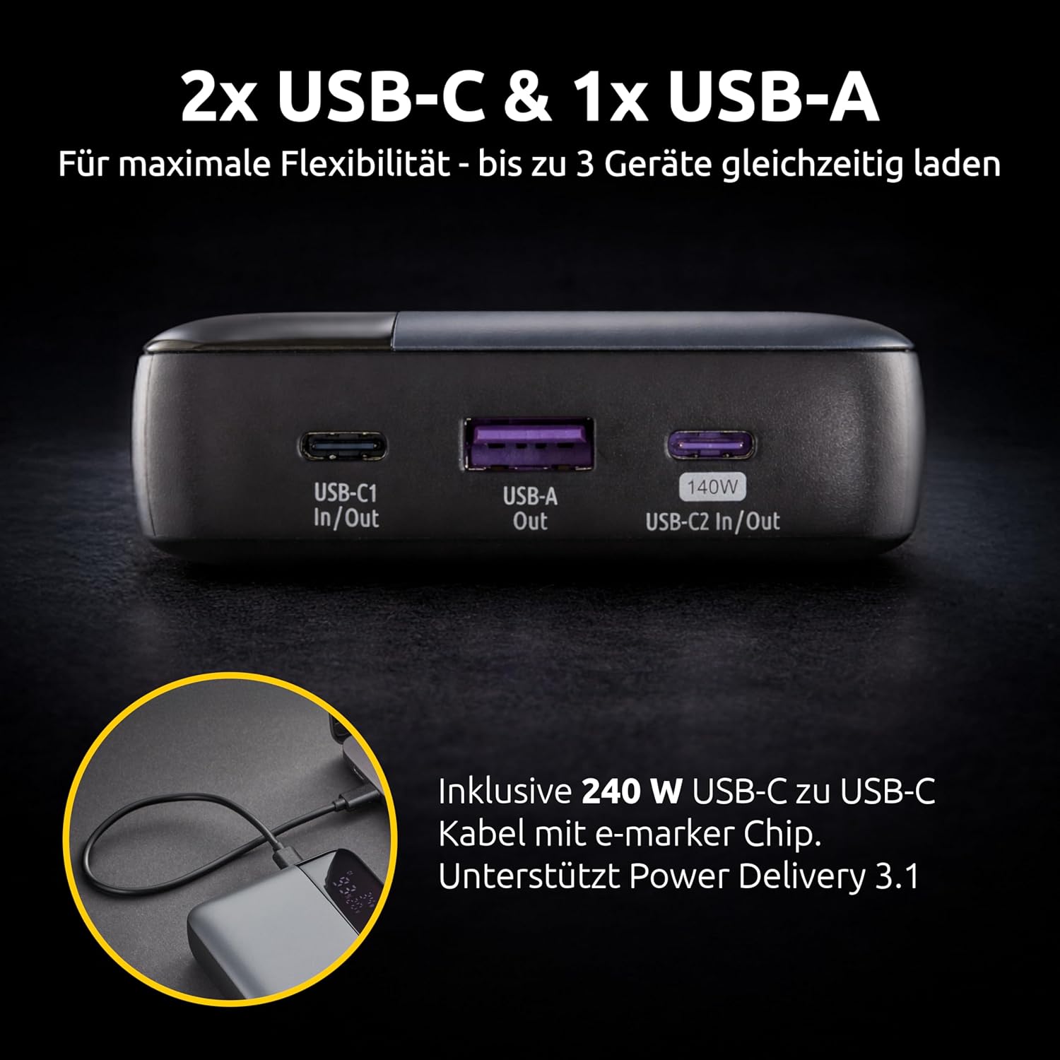 Intenso Powerbank HE25000 140 W Stromversorgung, 25000 mAh externer Akku, Schnellladung für MacBook, iPhone, Samsung Galaxy, iPad – USB-C-Kabel und Tragetasche im Lieferumfang enthalten – Bild 3