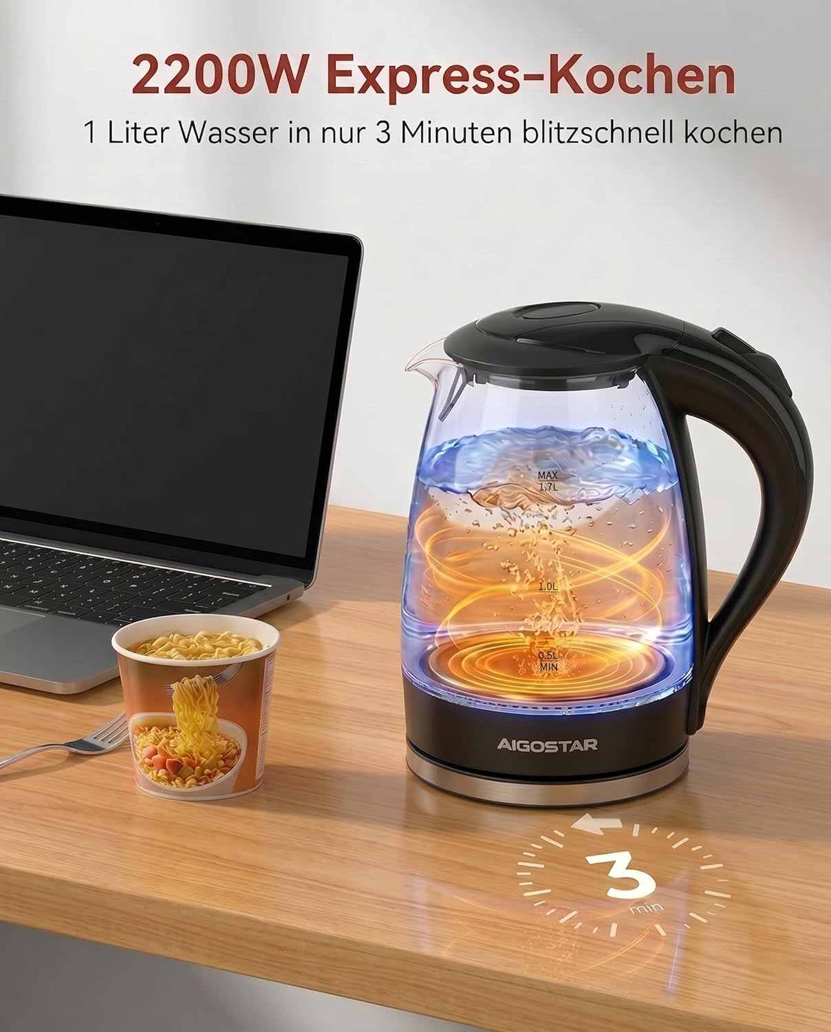 Aigostar Eve 30GON Glaswasserkocher mit LED-Beleuchtung, 2200 Watt, 1,7 Liter, Koch-Trockenschutz, BPA-frei, Weiß -, Adam – Bild 2
