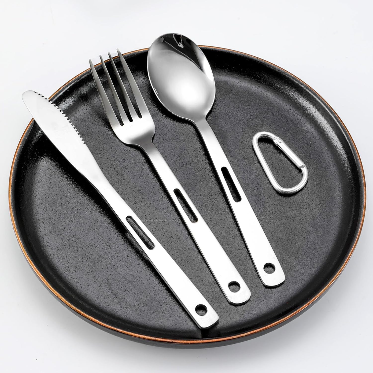 3er-Set Reisebesteck, Campingbesteck, Campingbesteckset aus Edelstahl, tragbares Outdoorbesteck mit Karabiner, Löffel, Gabel, Messerkombination und Tasche, wiederverwendbares Reisebesteckset – Bild 4