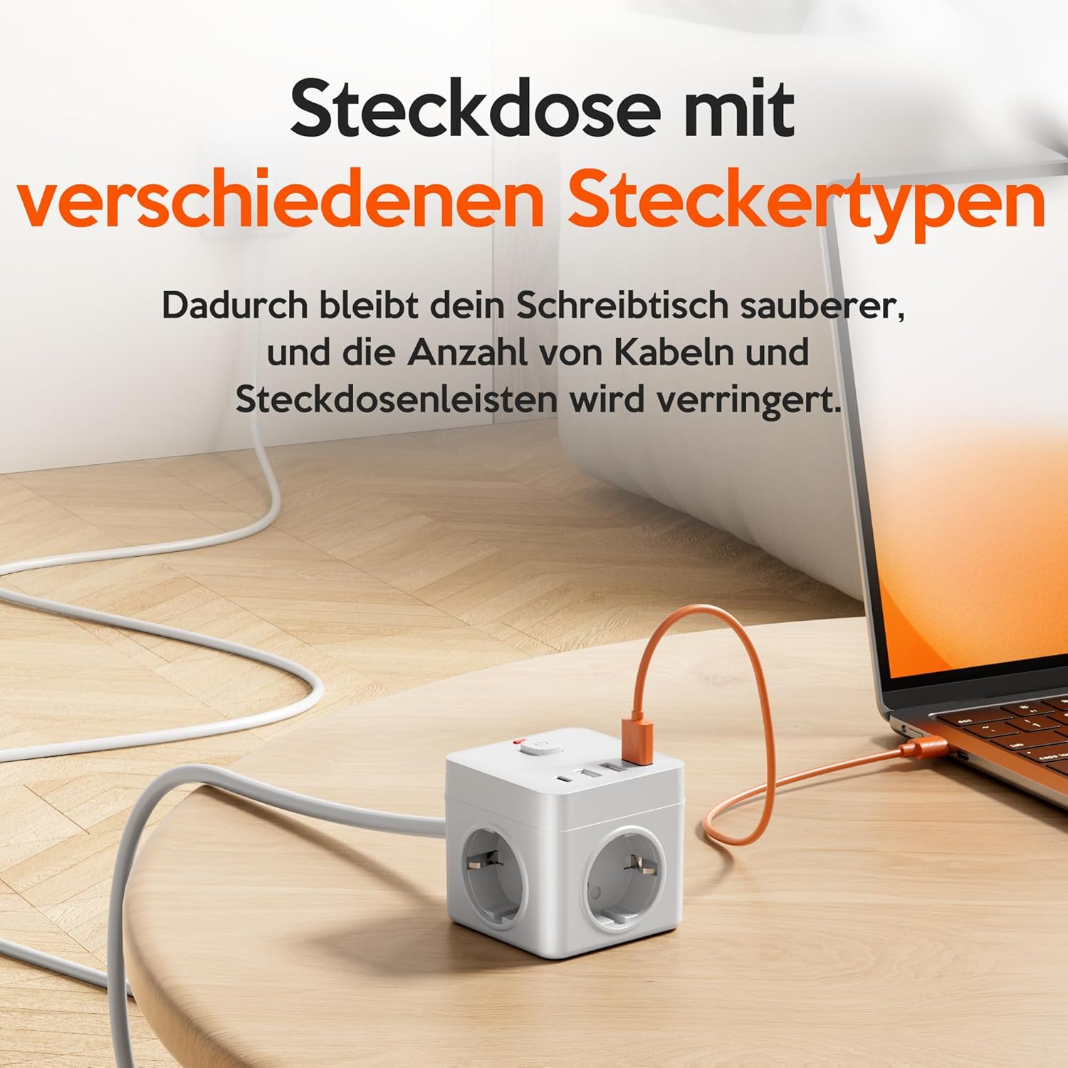 7in1 Steckdosenwürfel mit USB, 3-fach Mehrfachsteckdose mit 3 USB A, Steckdosenleiste mit 1 USB C, 1,5 m langes Verlängerungskabel mit Flachstecker, Überlastschutz & Schalter für Zuhause, Büro, Reisen – Bild 5