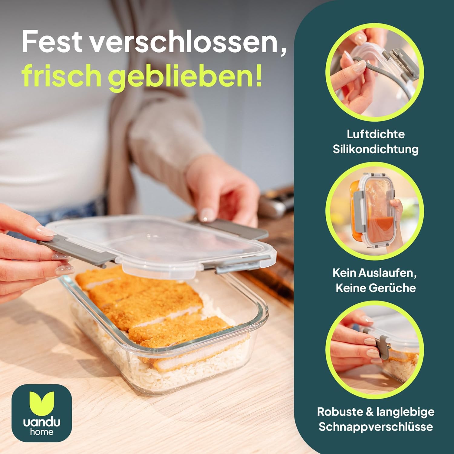 uandu Glasbehälter mit Deckel, 10-teiliges Borosilikatglas mit Deckel, Meal-Prep-Gläser, Frischhaltedosen aus Glas mit Deckel, Glasdosen mit Deckel-Set, Meal-Prep-Boxen aus Glas (5 Behälter, 5 Deckel) – Bild 3