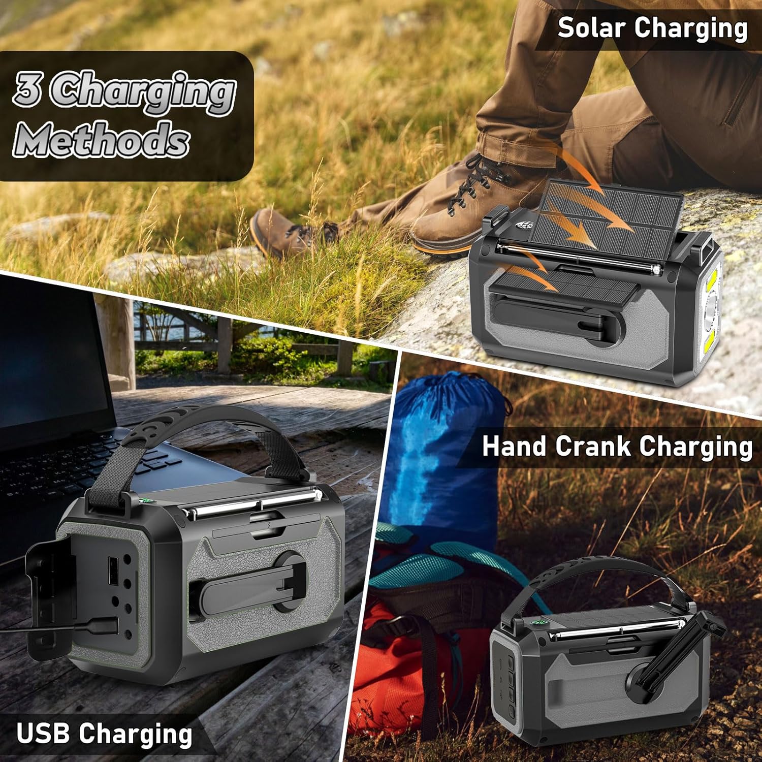 12000 mAh Kurbelradio mit Handy-Ladefunktion, Solarradio mit 2 Solarpanels, tragbares AM/FM-Notfallradio mit Kopfhöreranschluss/Leselicht/LED-Taschenlampe/Kompass/SOS-Alarm für Camping Outdoor G – Bild 5
