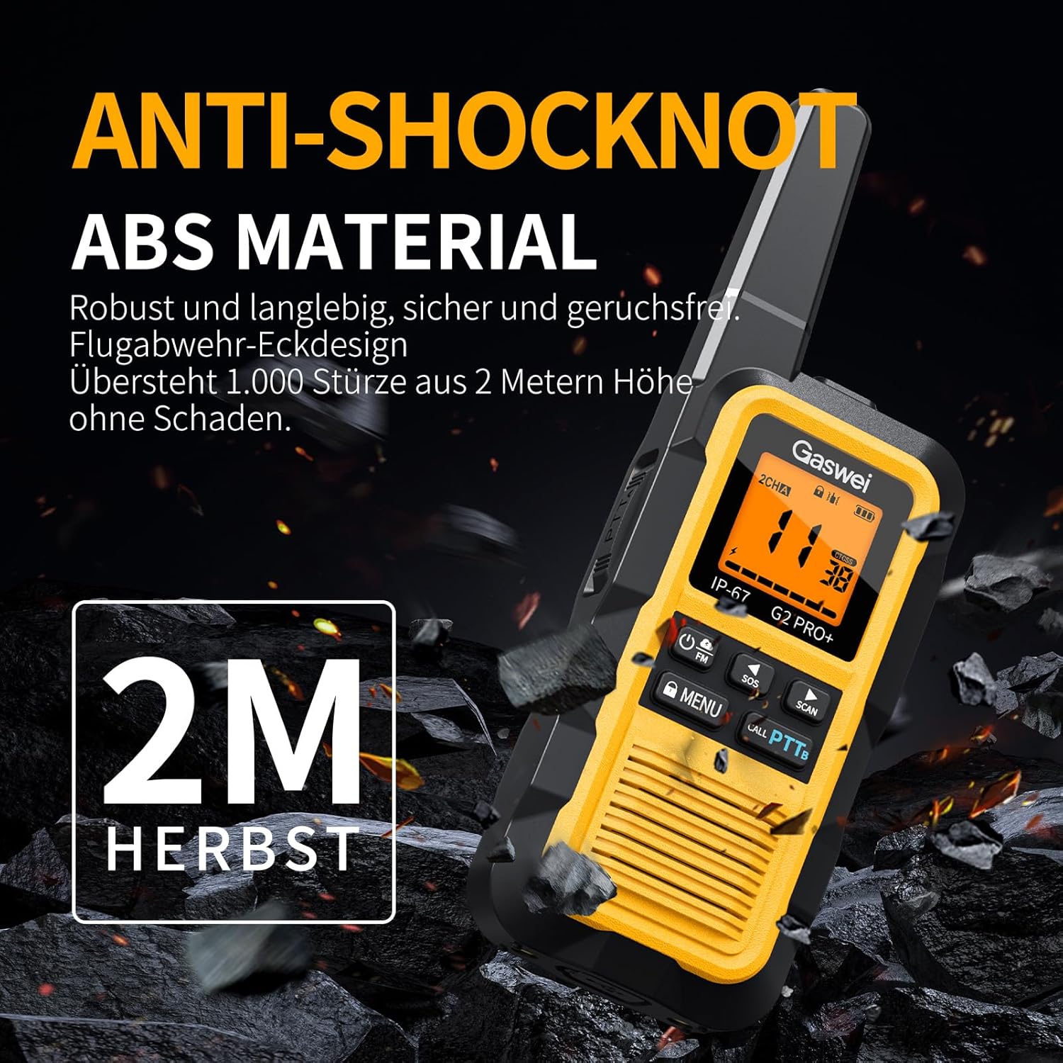 Gaswei G2Pro Professionelle Walkie-Talkies für Erwachsene, IP67, wasserdicht und schwimmfähig, Langstreckenradio mit Doppel-PTT, VOX, SOS, UKW-Radio + Akku für den Außenbereich, 1er-Set in Gelb – Bild 4