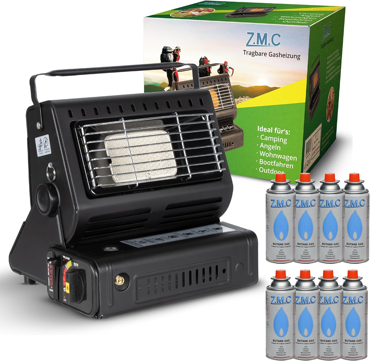 ZMC 2-in-1 tragbarer Keramik-Gasheizer und Gaskocher 1,3 kW mit LPG-Anschluss + 8 Gaskartuschen, Campingkocher mit Piezo-Zündung, Camping-Heizung, Gasheizung für drinnen, draußen, Camping, Wohnwagen