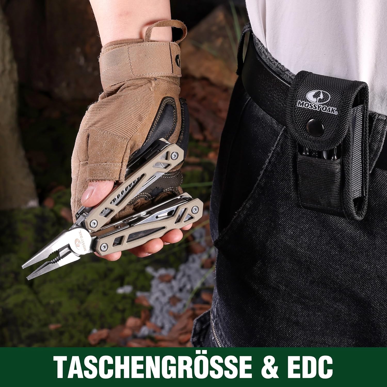 Mossy Oak 22-in-1-Multifunktionszange, Edelstahl-Multitool-Werkzeug, faltbares Multitool mit Bits, Messer, Säge und Lineal, Outdoor-Werkzeug für Camping, Wandern und Reparatur, inklusive Tragetasche, braun – Bild 6