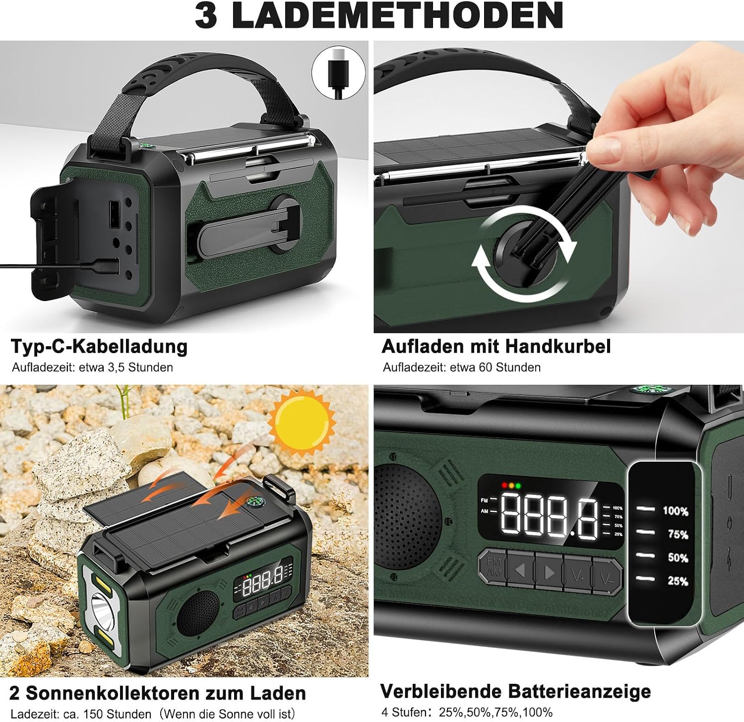 12000 mAh Kurbelradio mit Handy-Ladefunktion, Solar, 2 Solarpanels, AM/FM-Radio-Kurbel-Notfall, 3 Lademethoden, 7-in-1 tragbares Notfallradio, SOS, Taschenlampe, Kopfhöreranschluss, Kompass, Leselampe – Bild 2