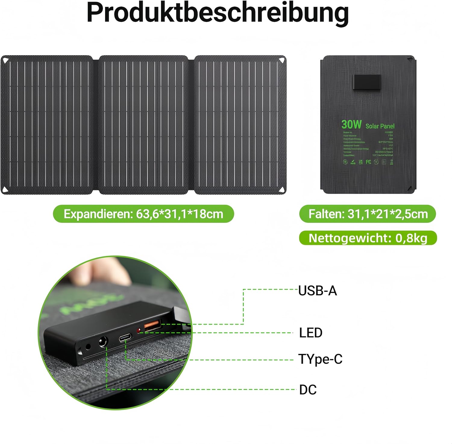30W Solarpanel faltbar mit 3 Anschlüssen (USB-C + USB-A + DC), IP67 wasserdichtes tragbares Solarladegerät, Handy-Solarpanel im Freien, Camping-Ladegerät für Smartphone, mobile Powerbank und mehr – Bild 2