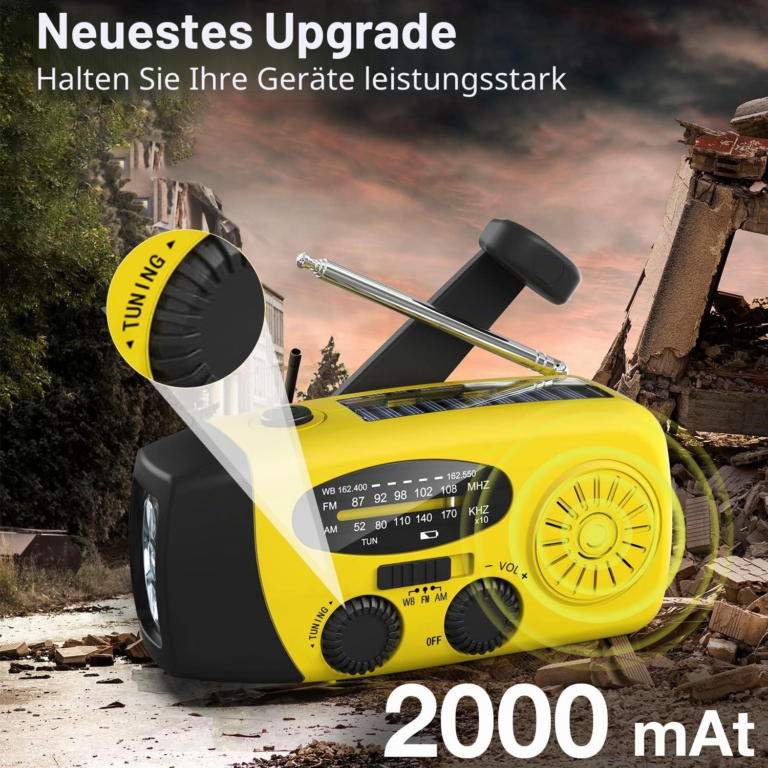 Solarradio, tragbares Kurbelradio, Dynamoradio mit AM/FM, Notfallradio mit Kurbel, 2000 mAh wiederaufladbare Powerbank, LED-Taschenlampe, USB-Handy-Ladegerät für Camping, Outdoor, Gelb – Bild 6