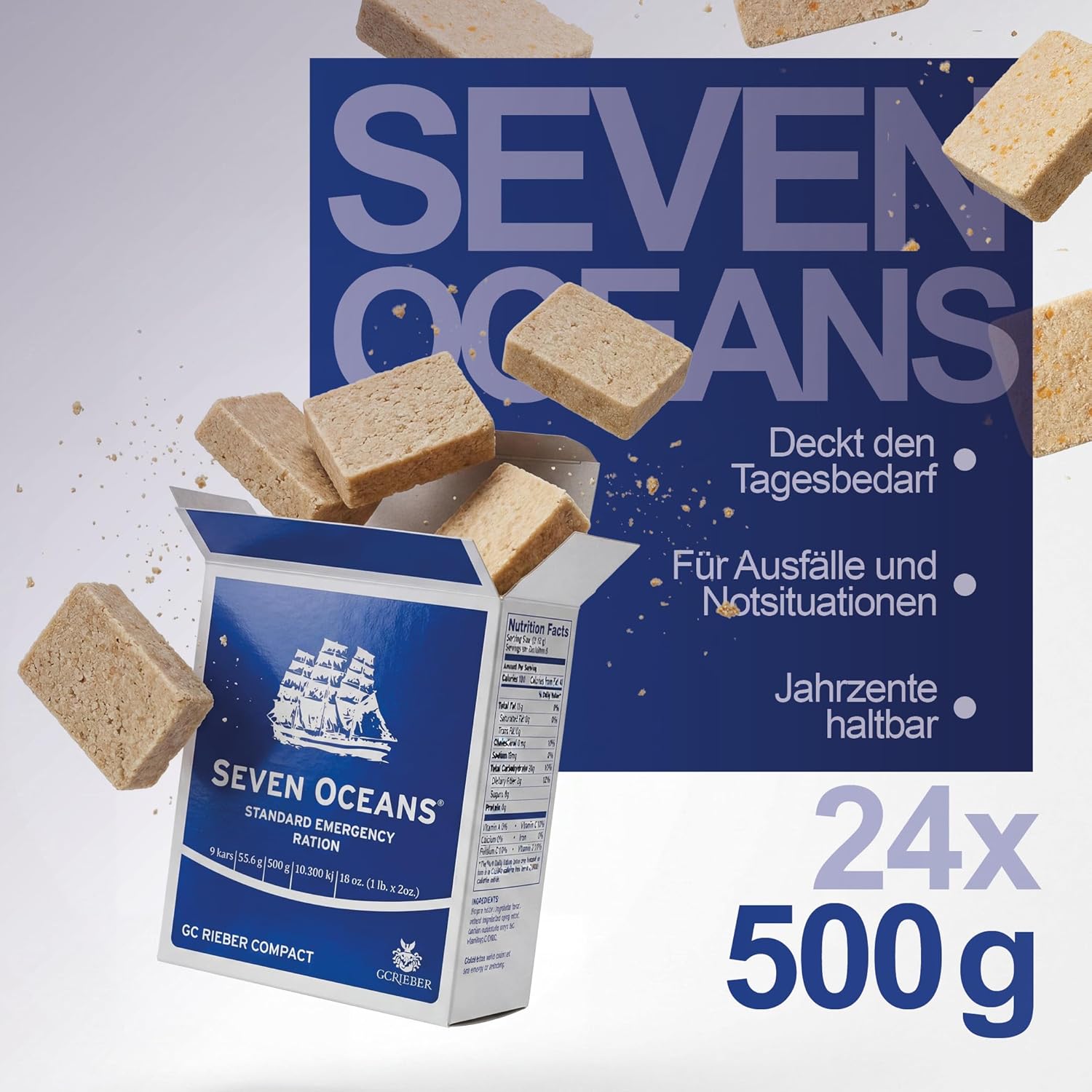 Notfall-Vorratspaket für Lebensmittel: 48 x 500 g (insgesamt 24 kg) – GS-10 & Seven Oceans Mix – Hochkalorische Notfallration für Krisenprävention, Outdoor und Camping – 2 Boxen mit 24 Rationen – Bild 5