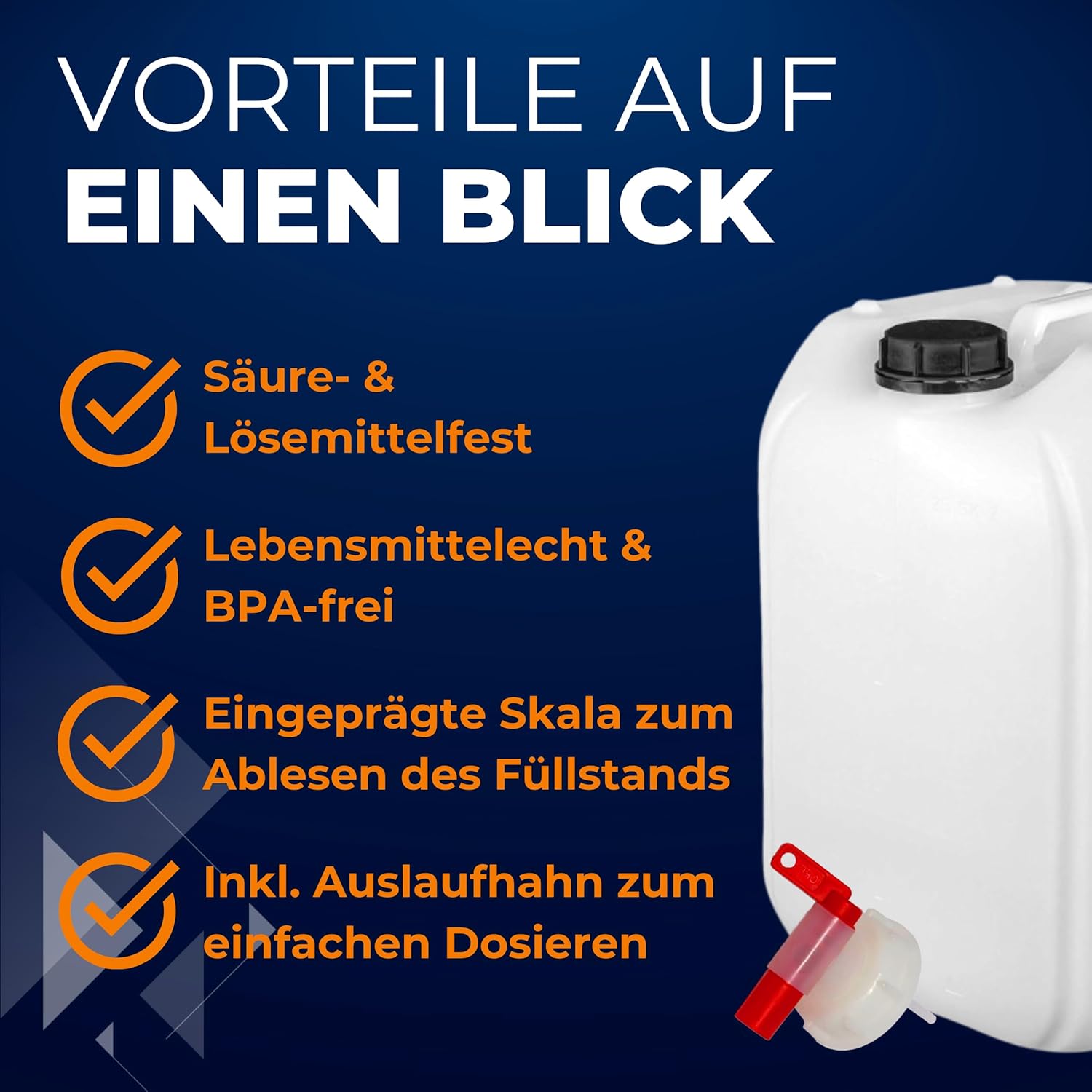 ABACUS 4 x 25 Liter Wasserkanister, Natur, Chemikalienkanister, Auslaufhahn und Deckel (DIN 61), lebensmittelecht, für den Innen- und Außenbereich, BPA-frei, säurebeständig, mit Skala zum Ablesen des Füllstands – Bild 2