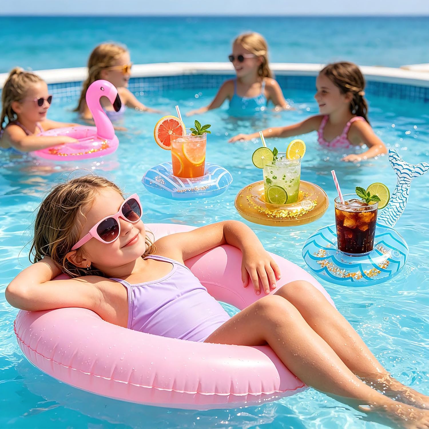 Xerteam 4 Stück aufblasbarer Getränkehalter Pool, Gliter aufblasbarer schwimmender Getränkehalter mit Luftpumpe, Flamingo aufblasbarer schwimmender Tier-Getränkehalter für Sommerpool und Hawaii-Party – Bild 6