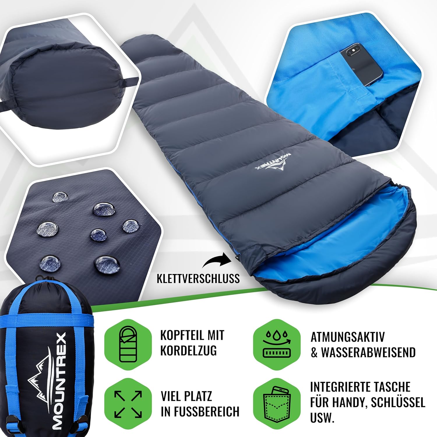 Mountrex Schlafsack – kleines Packmaß und ultraleicht (720 g / 1500 g) – Outdoor-Sommerschlafsack (100 g/m²) / 3 – 4 Jahreszeiten (300 g/m²) Mumienschlafsack – Camping, Reisen, Festival – warm und zusammenzippbar – Bild 3