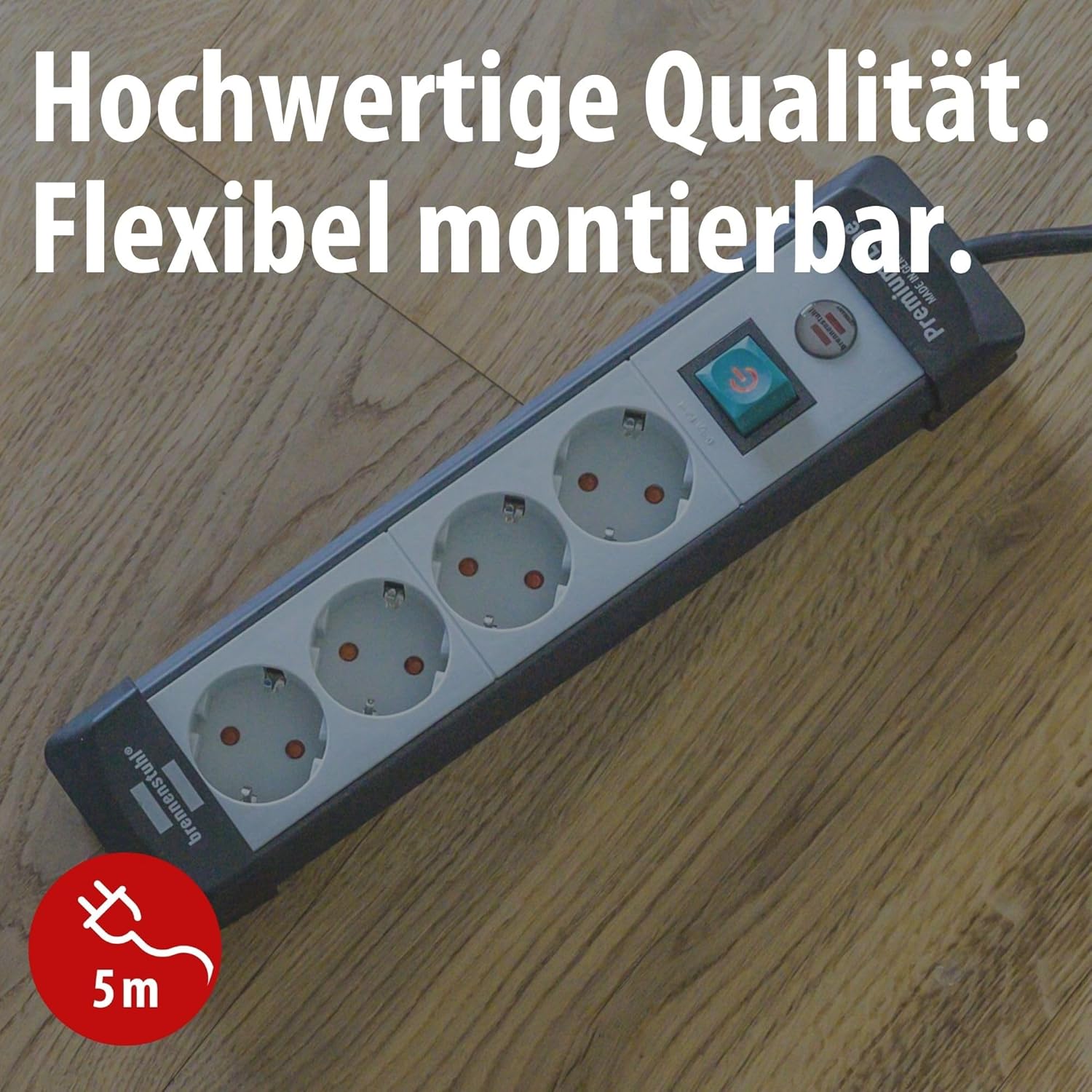 Brennenstuhl Premium-Line, Steckdosenleiste 4-fach (Steckerleiste mit Schalter und 5m Kabel - 45° Anordnung der Steckdosen, Made in Germany) schwarz/grau – Bild 2