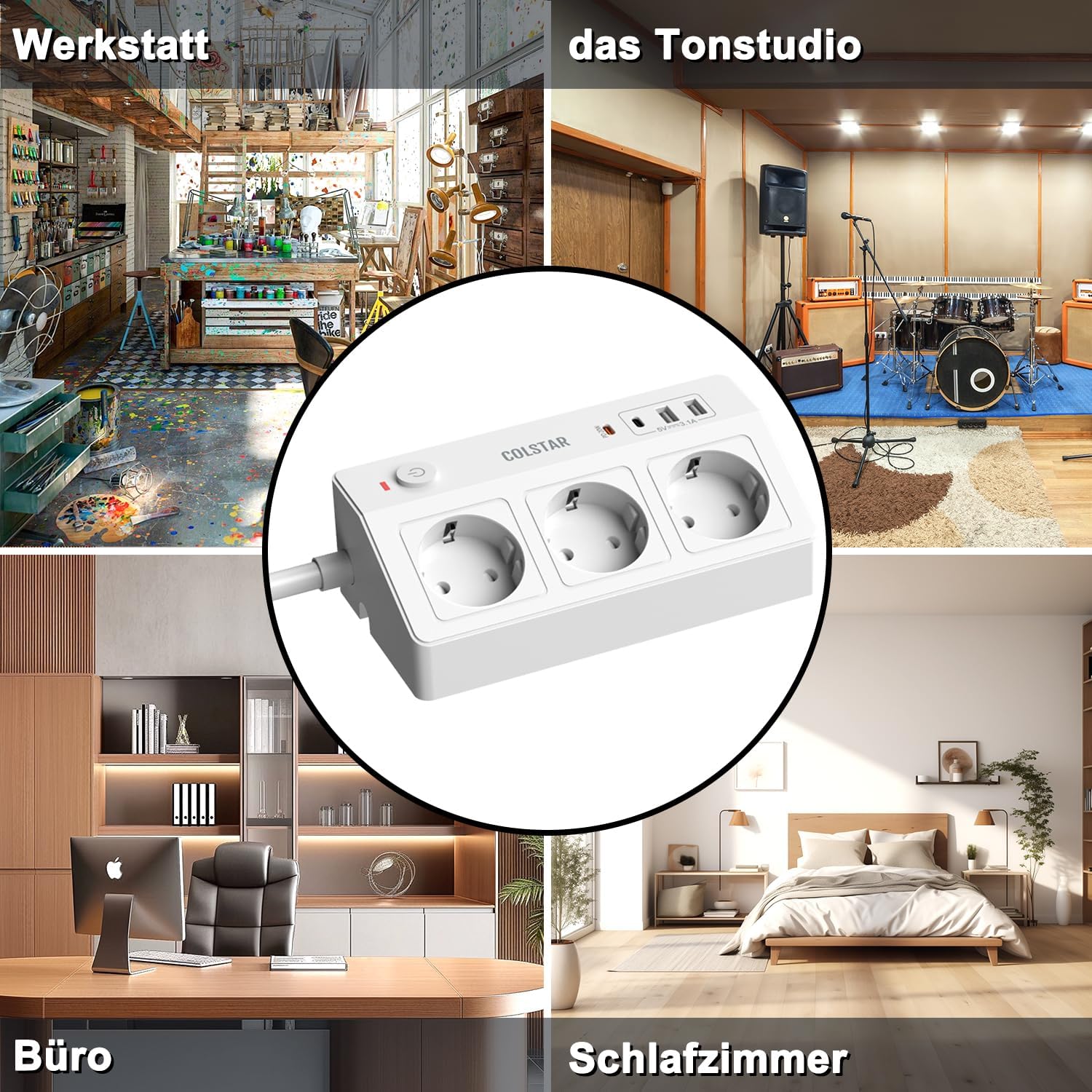 3-fach Steckdosenleiste mit USB-C PD 20 W und Tischklemme | 3 Steckdosen, 2 USB-A und USB-C PD 20W, Tischklemme bis 4,5 cm, 1,8 m Kabel, 16 A/4000 W, Überspannungsschutz – Bild 7