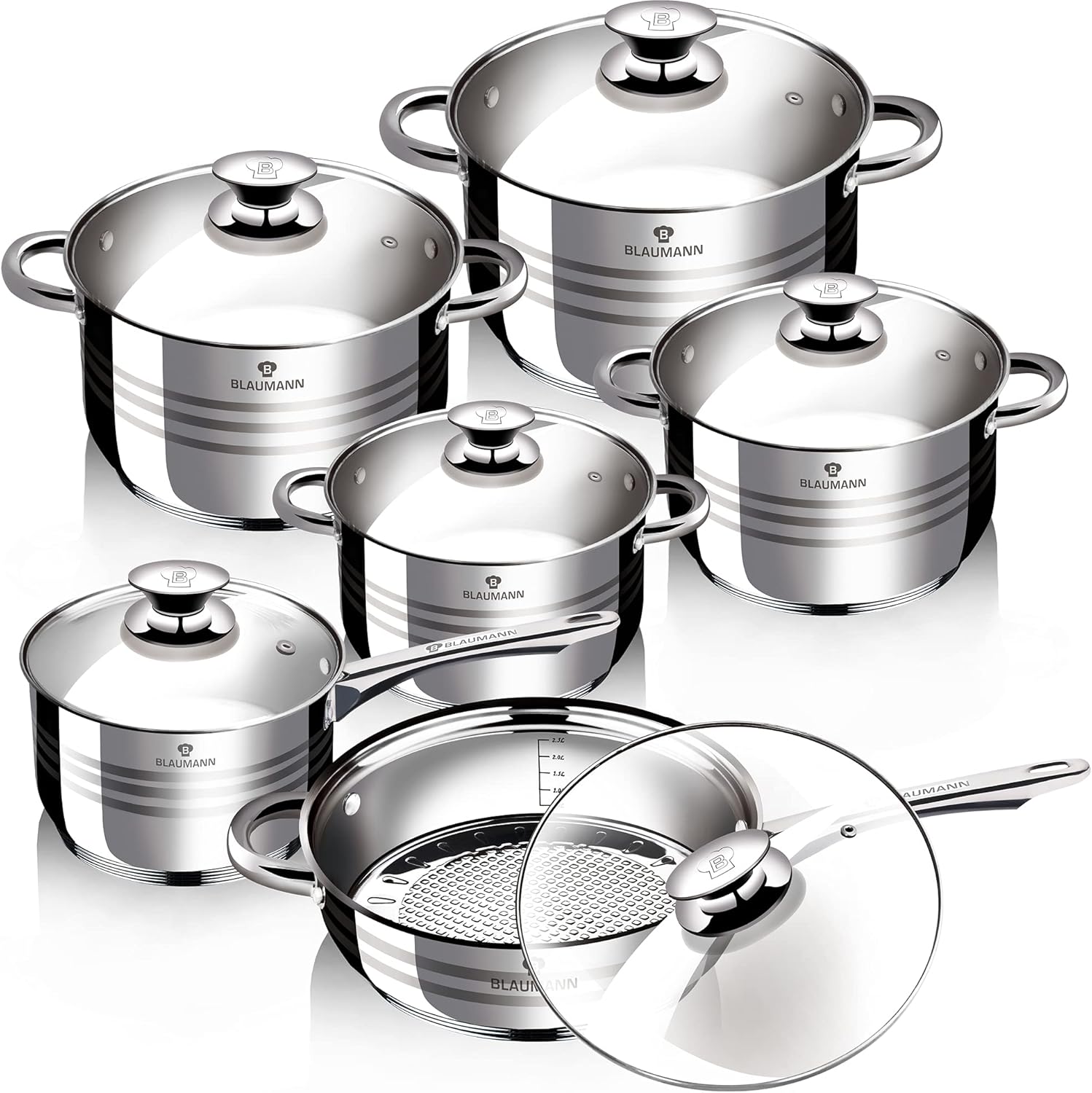 Smhline 12-teiliges Topfset, Kochtopf-Set, geeignet für Induktionsherde, Edelstahl-Kochgeschirr, Pfannenset, Glasdeckel, Küchensets, Bratpfanne