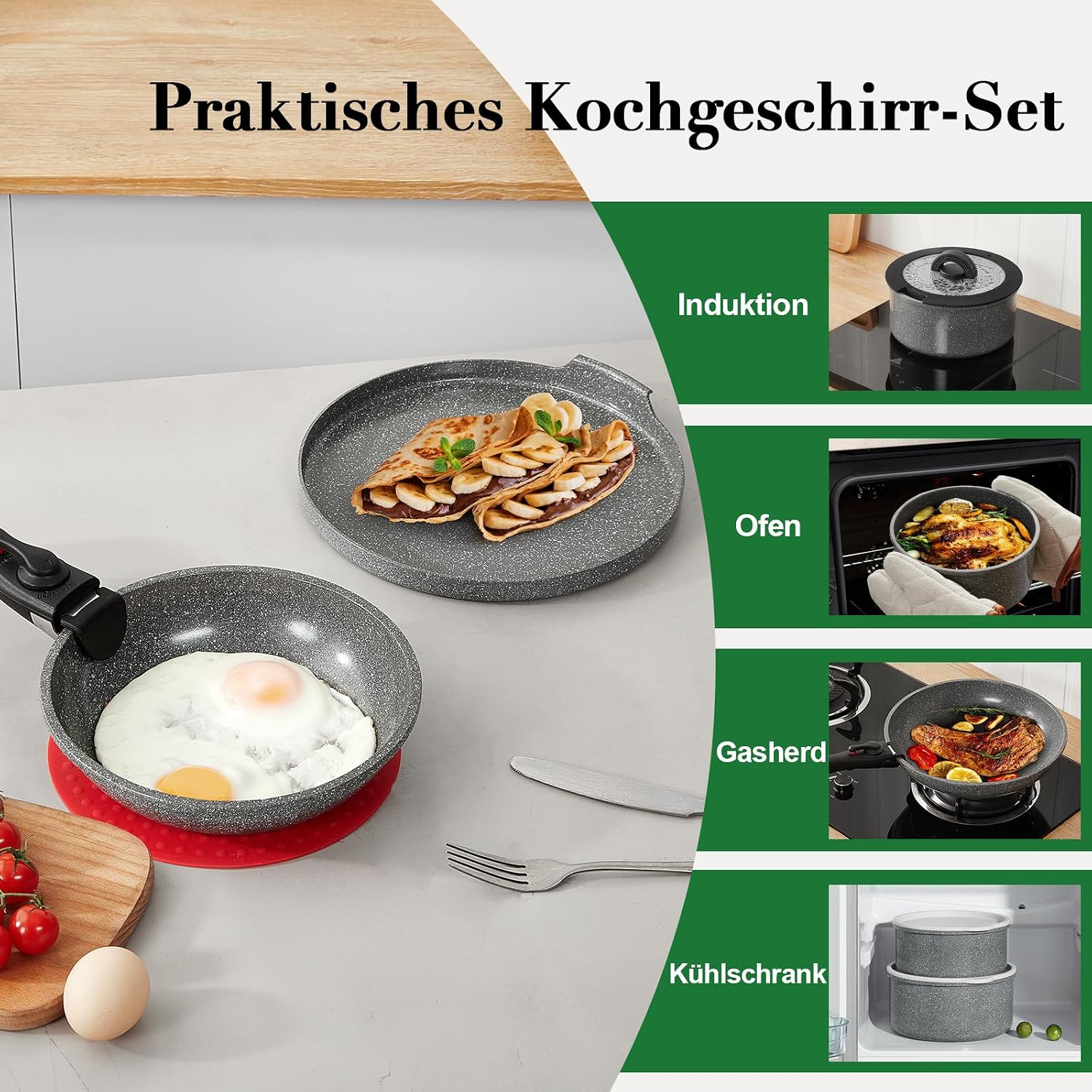 16-teiliges Kochgeschirr-Set für Induktionsherde, Töpfe und Pfannen mit abnehmbaren Griffen, stapelbar, antihaftbeschichtete Keramik, antihaftbeschichtet, PFAS, mit Crêpes- und Schmorpfanne, grau – Bild 5