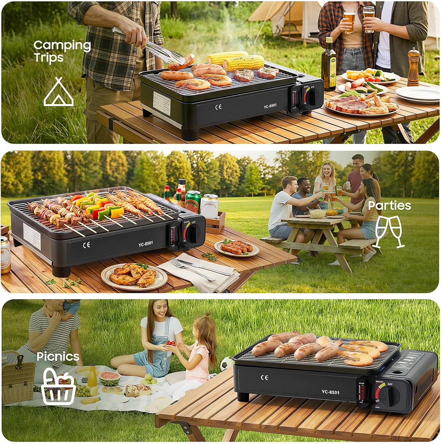 Camping-Gasgrill, 2200 W tragbares Grillset, Tischgrill mit 6 Bratnadeln, 2 Grillnetzen und Koffer, Campingkocher mit Piezo-Zündung und abnehmbarer Tropfschale, für Campingausflüge, Versammlungen – Bild 9