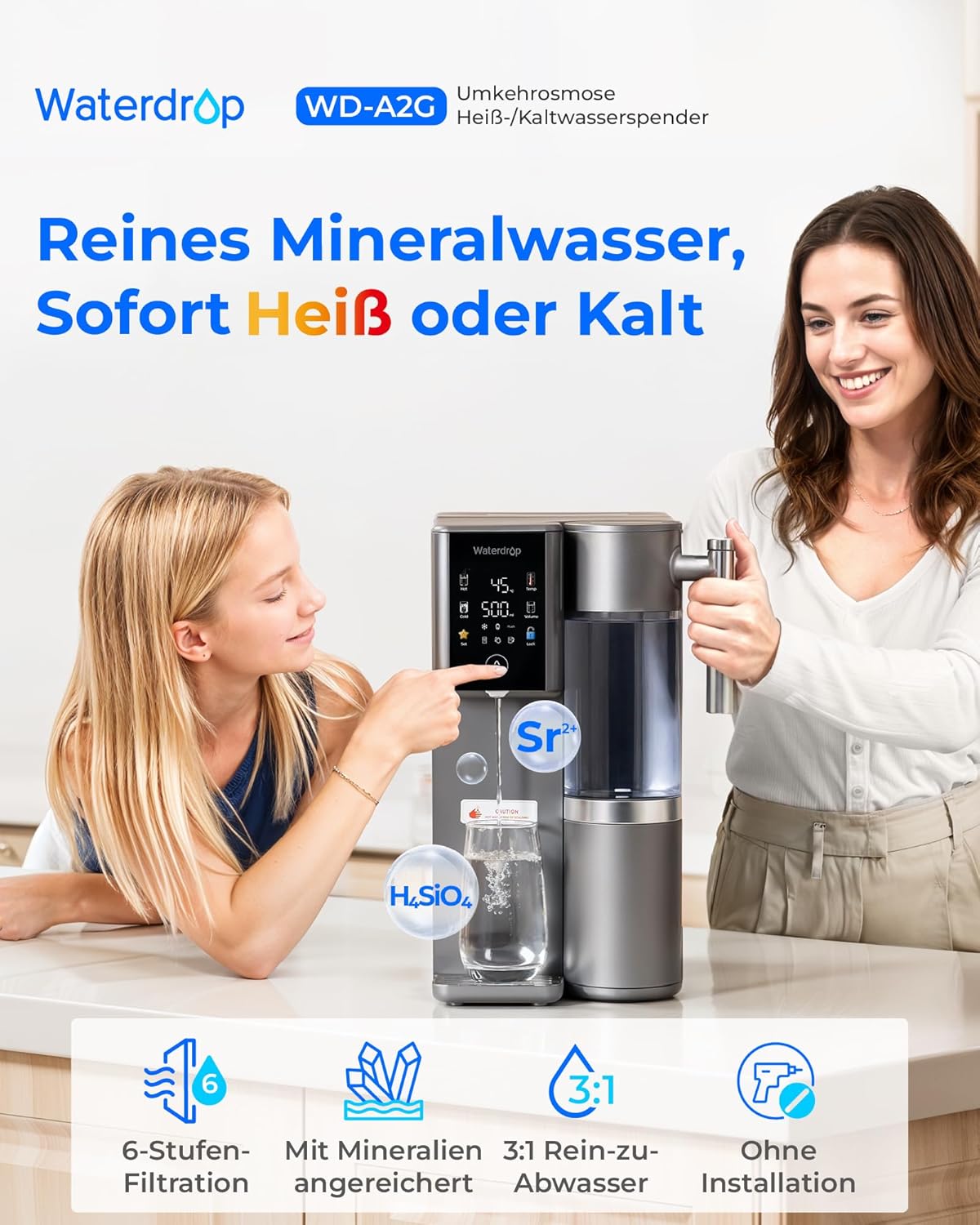 (Mineralisiertes) Waterdrop WD-A2G Arbeitsplatten-Umkehrosmosesystem, Heiß- und Kalt-RO, tragbarer Reinwassertank, flaschenloser Wasserspender, 6 Temperaturen, 3:1 Rein-/Abwasser – Bild 9