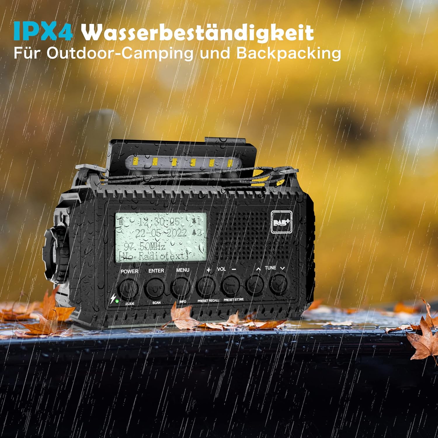 Kurbelradio DAB/UKW, tragbares Solarradio mit LED-Taschenlampe & Leselicht, DAB+/UKW-Baustellenradio IPX4, Notfallradio und SOS-Alarm, zum Wandern geeignet – Bild 8
