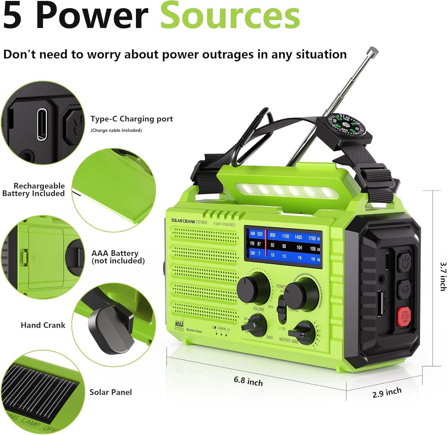 AM/FM/SW Baustellenradio, Kurbelradio, tragbares 5-Wege-Wetter-Solarradio, Dynamo-Handkurbel, Powerbank, LED-Campinglicht, SOS-Alarm, Kompass, USB-Anschluss zum Aufladen des Mobiltelefons im Notfall – Bild 2