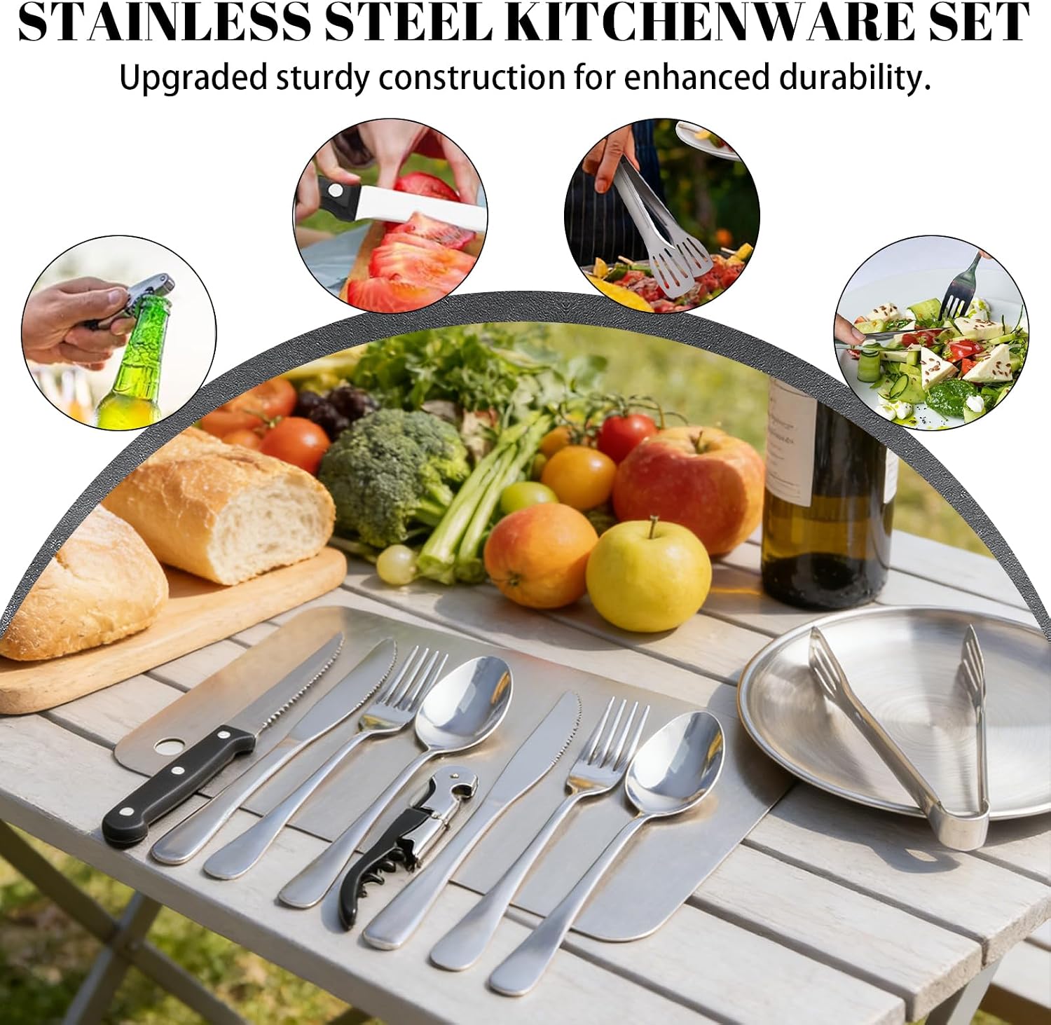Campinggeschirr-Set für 4 Personen, 22-teiliges tragbares Campingbesteck-Set, Besteck Camping mit Löffel, Gabel, Messer, Tellerklammer, Schneidebrett aus Edelstahl 304, Bestecktasche für Picknick, Reisen – Bild 6