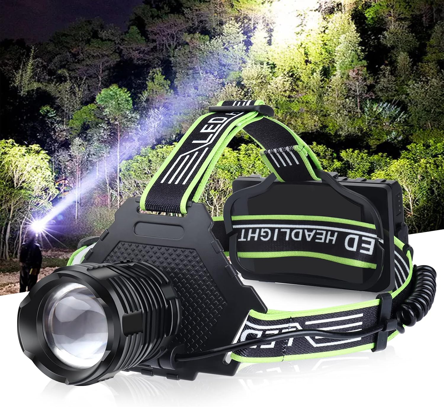 Wiederaufladbare LED-Stirnlampe, 100.000 hohe Lumen-Stirnlampe, superhell mit 5 Modi, IPX7 wasserdicht, 90° verstellbar, zoombare Stirnlampe für Outdoor-Camping, Laufen, Wandern