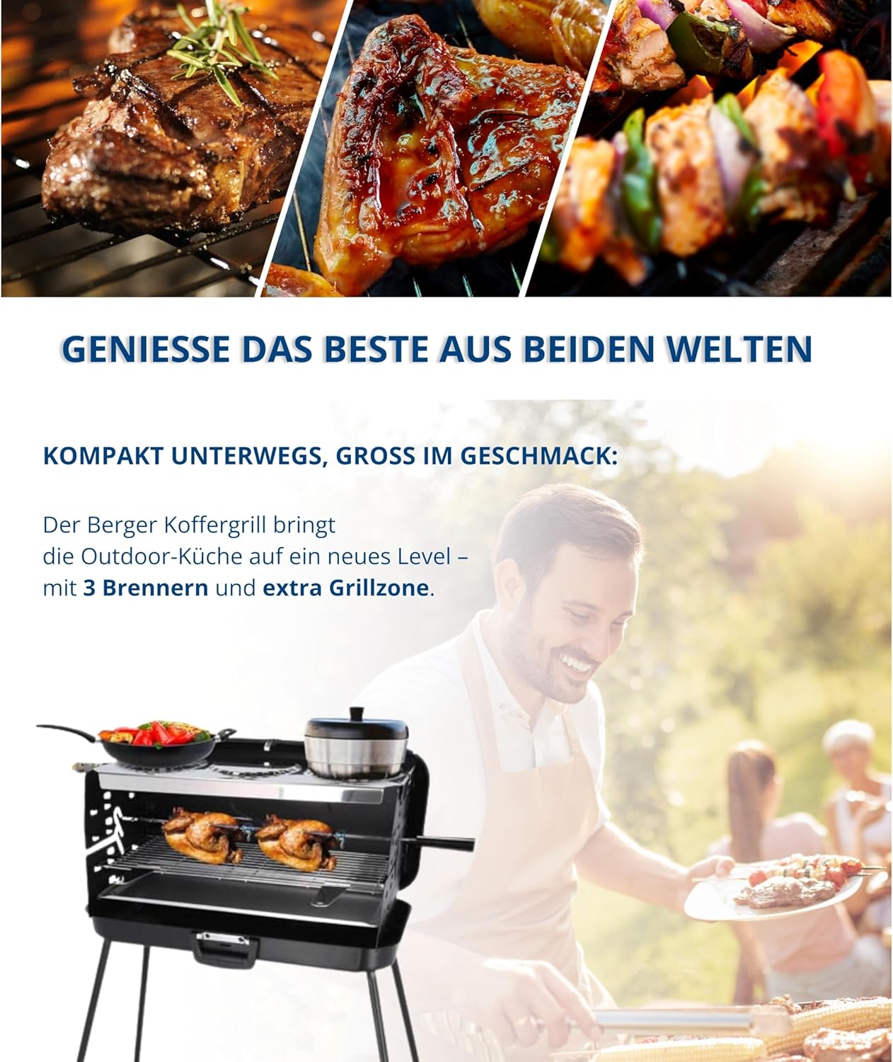 BERGER Camping-Gasgrill, faltbarer tragbarer Koffergrill mit 3 Brennern, 50 mbar für schnelles Kochen, 3 Kochfelder und ein Grillspieß inklusive, winddichter Camping- und Balkongrill – Bild 2