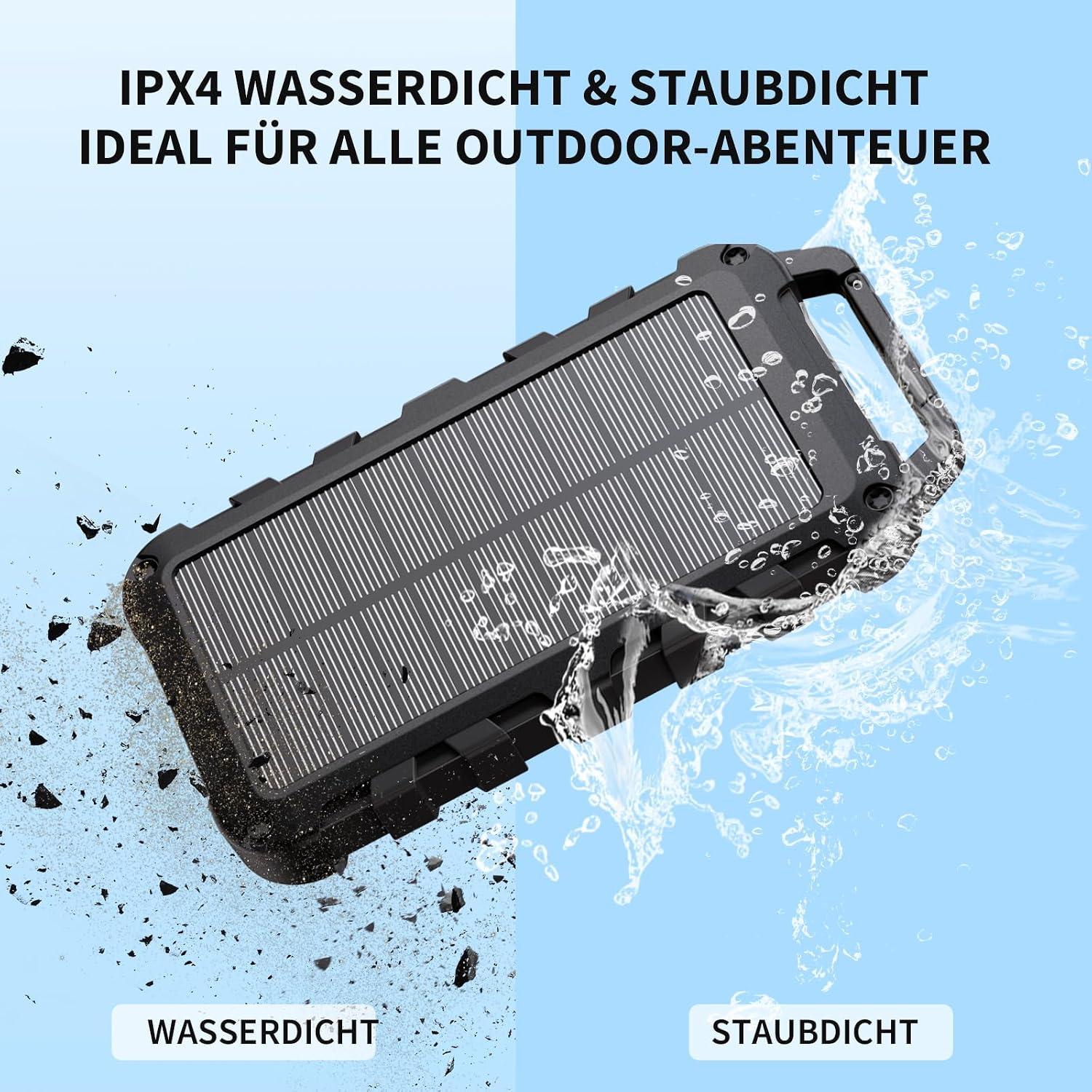 Solar Power Bank 10000 mAh PD 22,5 W Tragbares Solarladegerät USB C Outdoor Wasserdichter externer Akku mit LED-Licht und 3 Ausgängen für Tablets Smartphones Outdoor Camping Schwarz – Bild 5