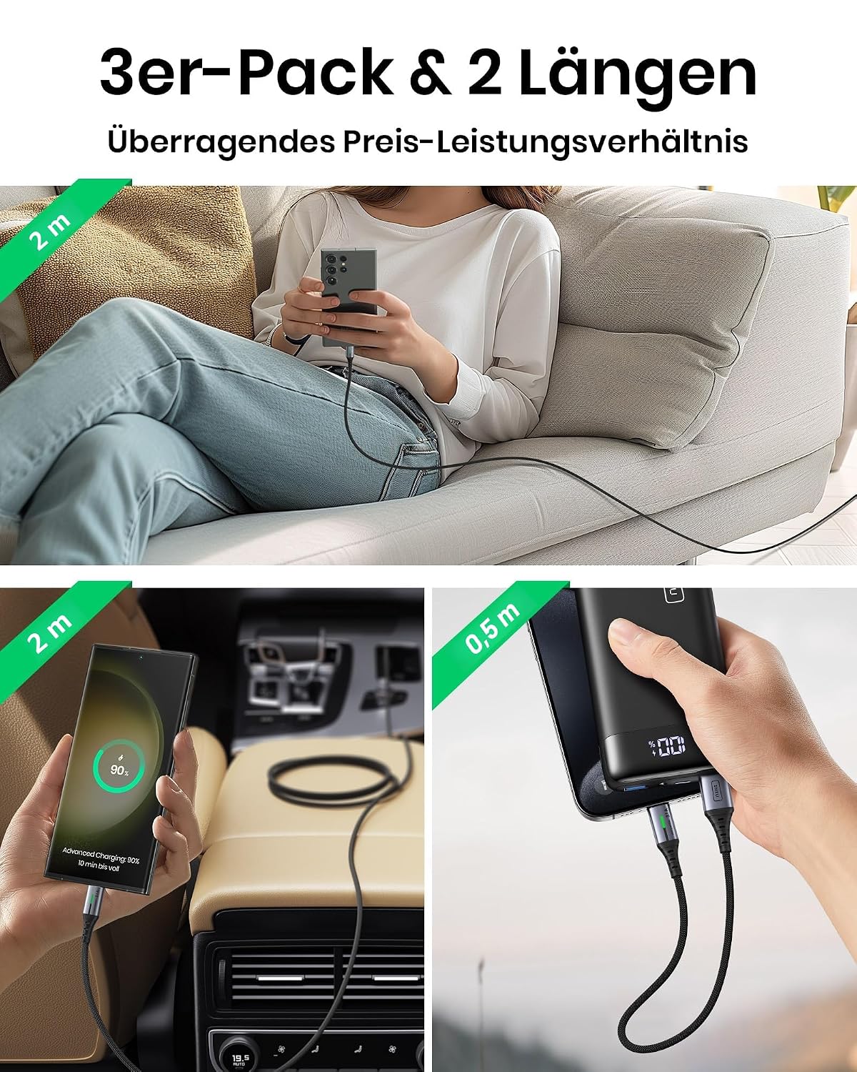 INIU USB auf USB C Kabel, (3 Stück 2 m/2 m/0,5 m), Laden USB-C Nylon Datenkabel, 3,1 A PD Schnellladekabel USB-C für Samsung Galaxy S22 S20 S10 iPhone 15 Huawei P30 Pixel 7 iPad Air Xiaomi PS5 – Bild 8
