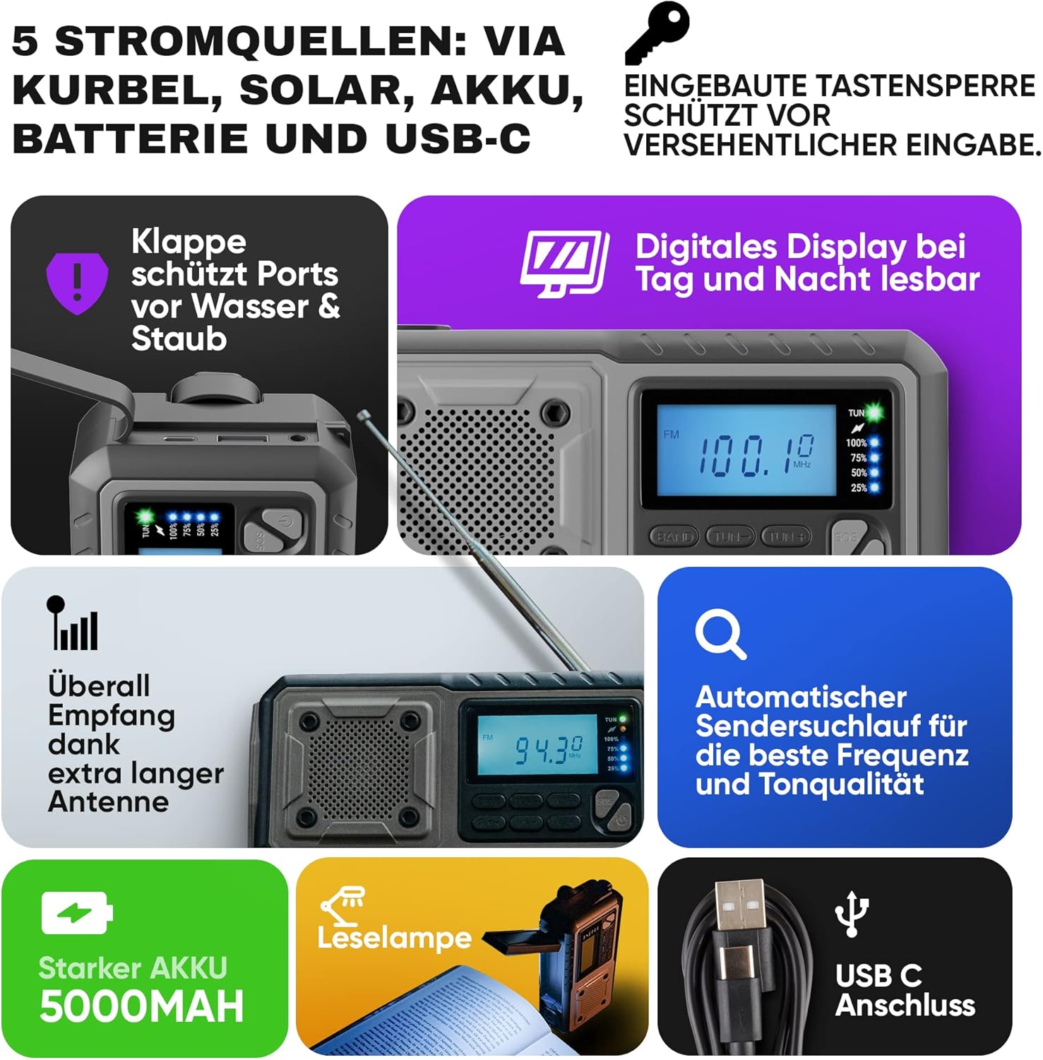 Acta Berg Kurbelradio Notfallradio mit 5000-mAh-Akku (Grau) | AM/FM/SW USB-batteriebetriebene Notfallausrüstung für Stromausfälle, integrierte Taschenlampe, Handy-Ladegerät – Bild 3