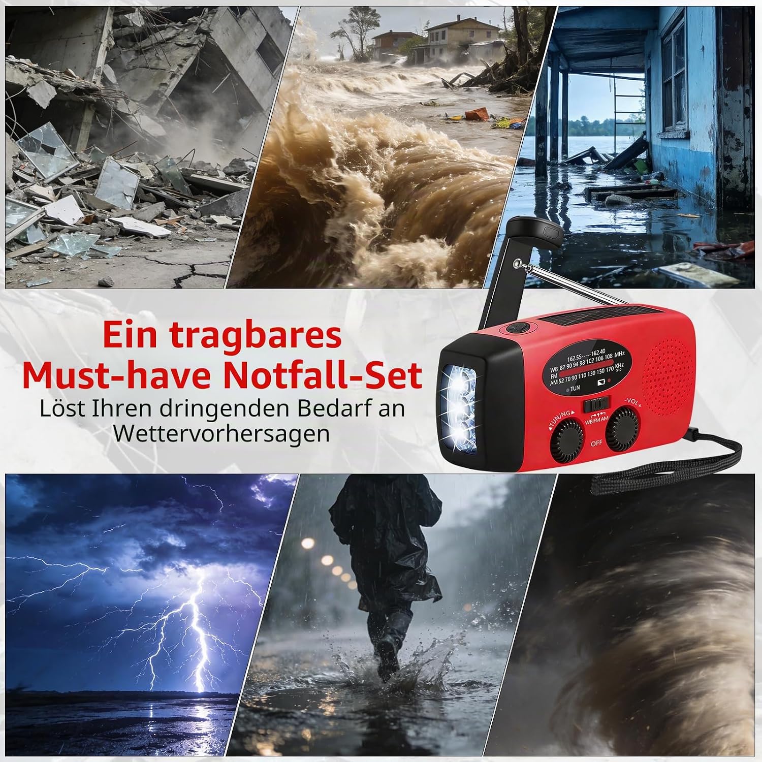 Notfall-Aufziehradio mit wiederaufladbarem USB-Ladegerät/3 LED-Taschenlampe/AM/FM/Wetter/tragbares Solar-Handkurbelradio für Haushalt und Outdoor, Camping, Wandern, Reisen – Bild 4
