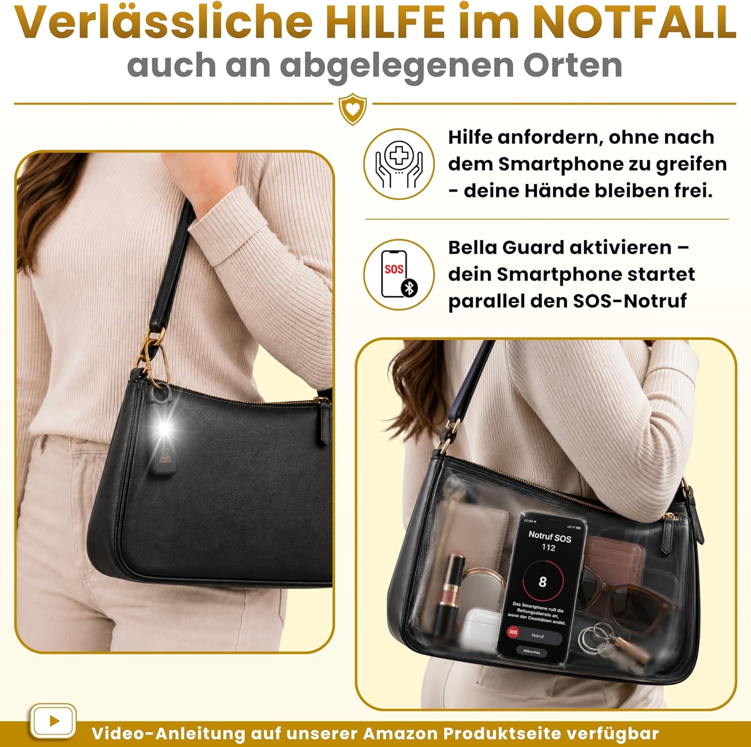 Bella Guard Taschenalarm – SOS-Notruffunktion über Bluetooth, Sirene 130 dB lautes LED-Blitzlicht, wiederaufladbarer Akku, Alarm für Frauen unterwegs zum Selbstschutz (schwarz) – Bild 4