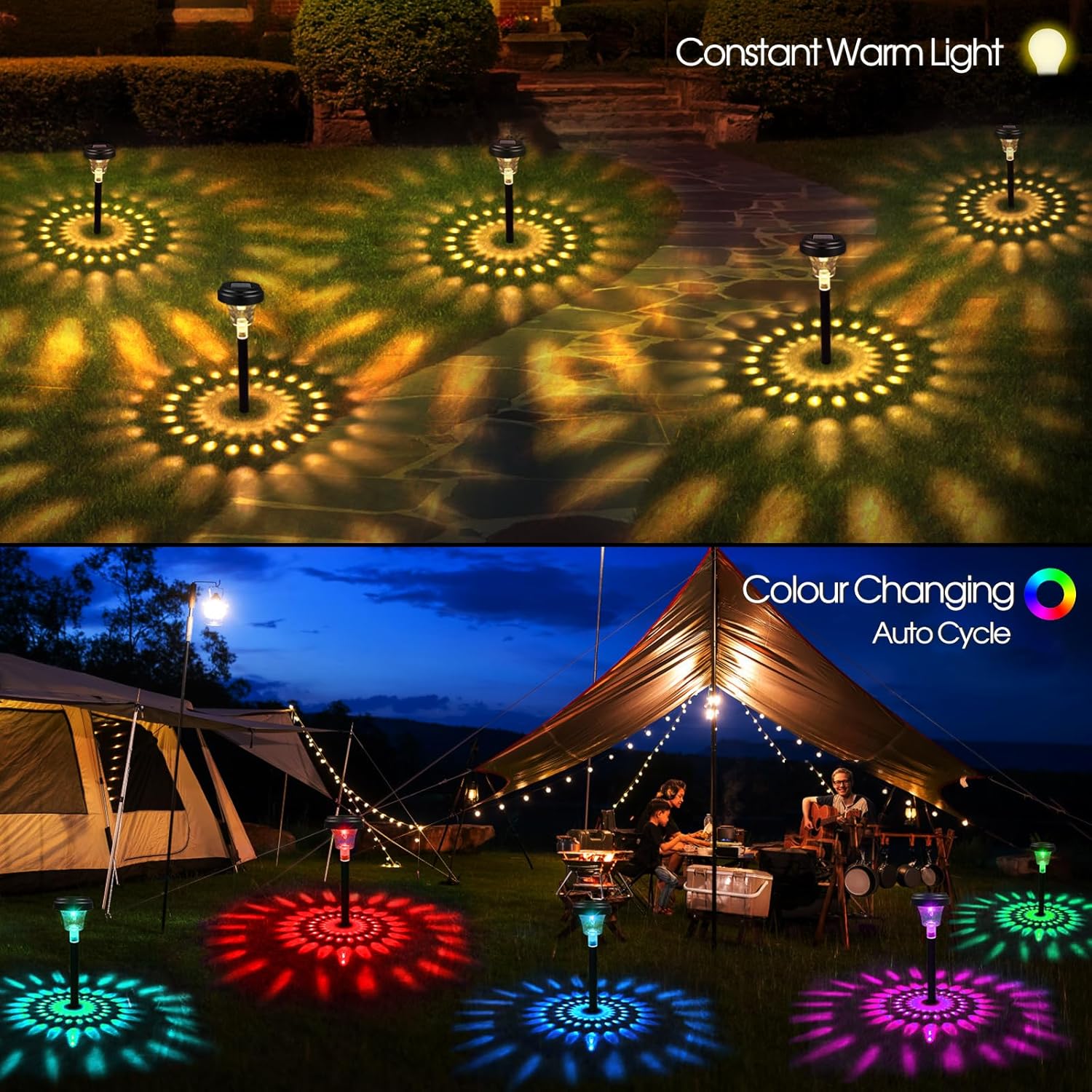 Akynite 8er-Pack Solarleuchten für den Garten im Freien, RGB-Farbwechsel und Warmweiß, IP65 wasserdichte Solarleuchten, automatisches Ein-/Ausschalten, LED-Gartenlampe, Solar-Wegeleuchten für die Gartendekoration im Freien, Hofwege – Bild 3