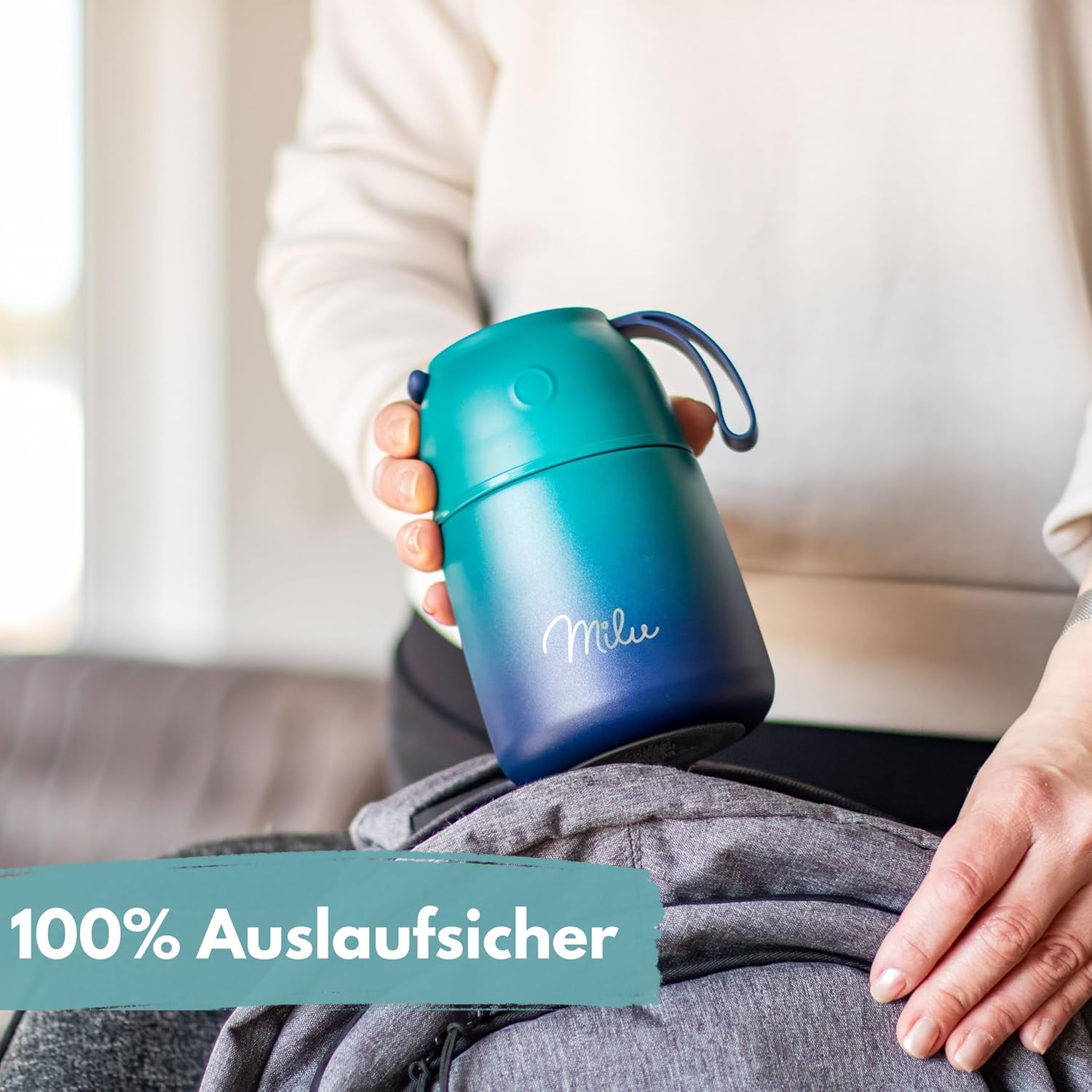 Milu Thermo-Lebensmittelbehälter 650 ml, Edelstahl, Thermo-Lunchbox, Suppenbehälter to Go, Thermobox zum Warmhalten von Suppen, Babybrei, Essensbehälter, Breiwärmer für unterwegs, Grün Blau 650 ml – Bild 7