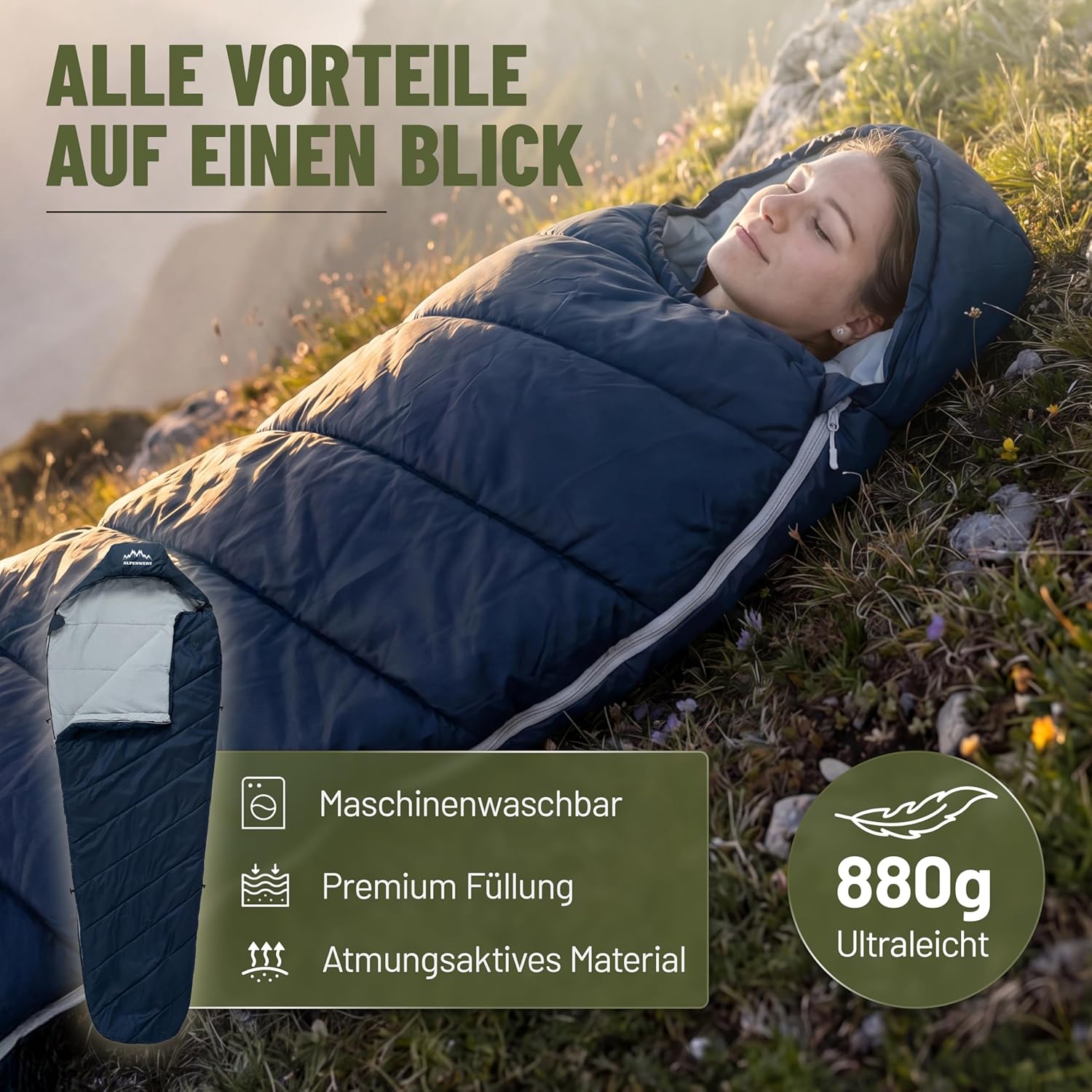 ALPENWERT® Schlafsack Sommer Ultraleicht & Klein (15 x 27 cm Packmaß) – Wasserabweisend, YKK-Reißverschluss, Kältebrücke & Einklemmschutz – Perfekt für Camping & Festival – Bild 2