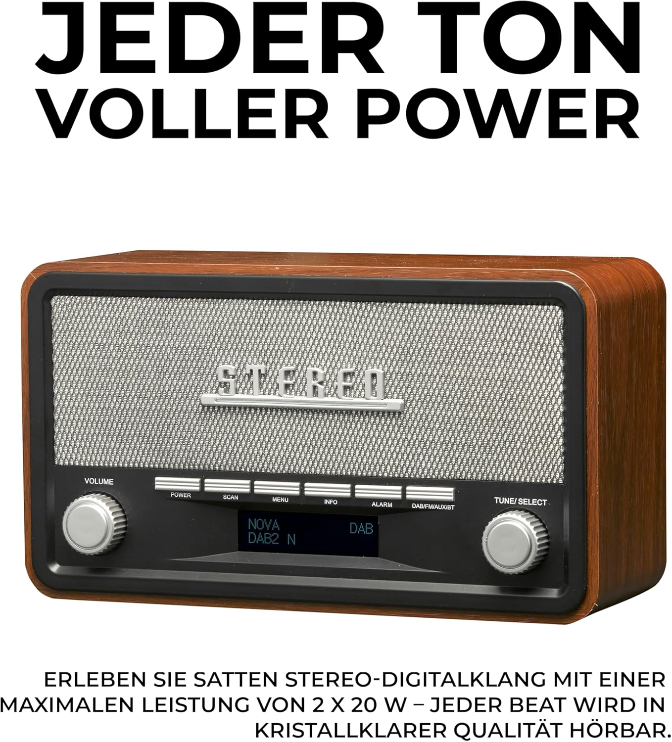 Denver DAB-18 DAB+ Digitales Retroradio | DAB Plus & FM & Bluetooth, 2 x 20 W Stereolautsprecher, LCD-Display, Alarmfunktion, Netzstecker – Bild 7