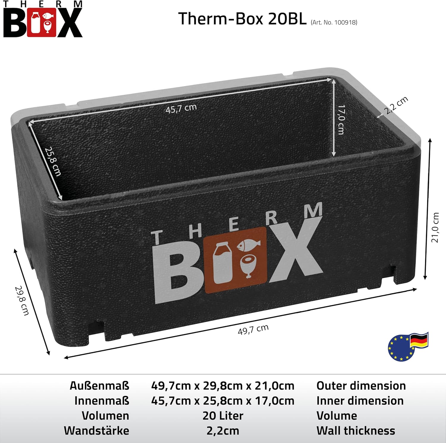 THERM BOX Profibox GN 1/1, Innenmaße: 54 x 34,5 x 24 cm, Wandstärke: 25 mm, 46 Liter Styroporboxen, Isolierbox, Thermobox, Wärmebox, große XL-Kühlbox, Thermobehälter – Bild 2