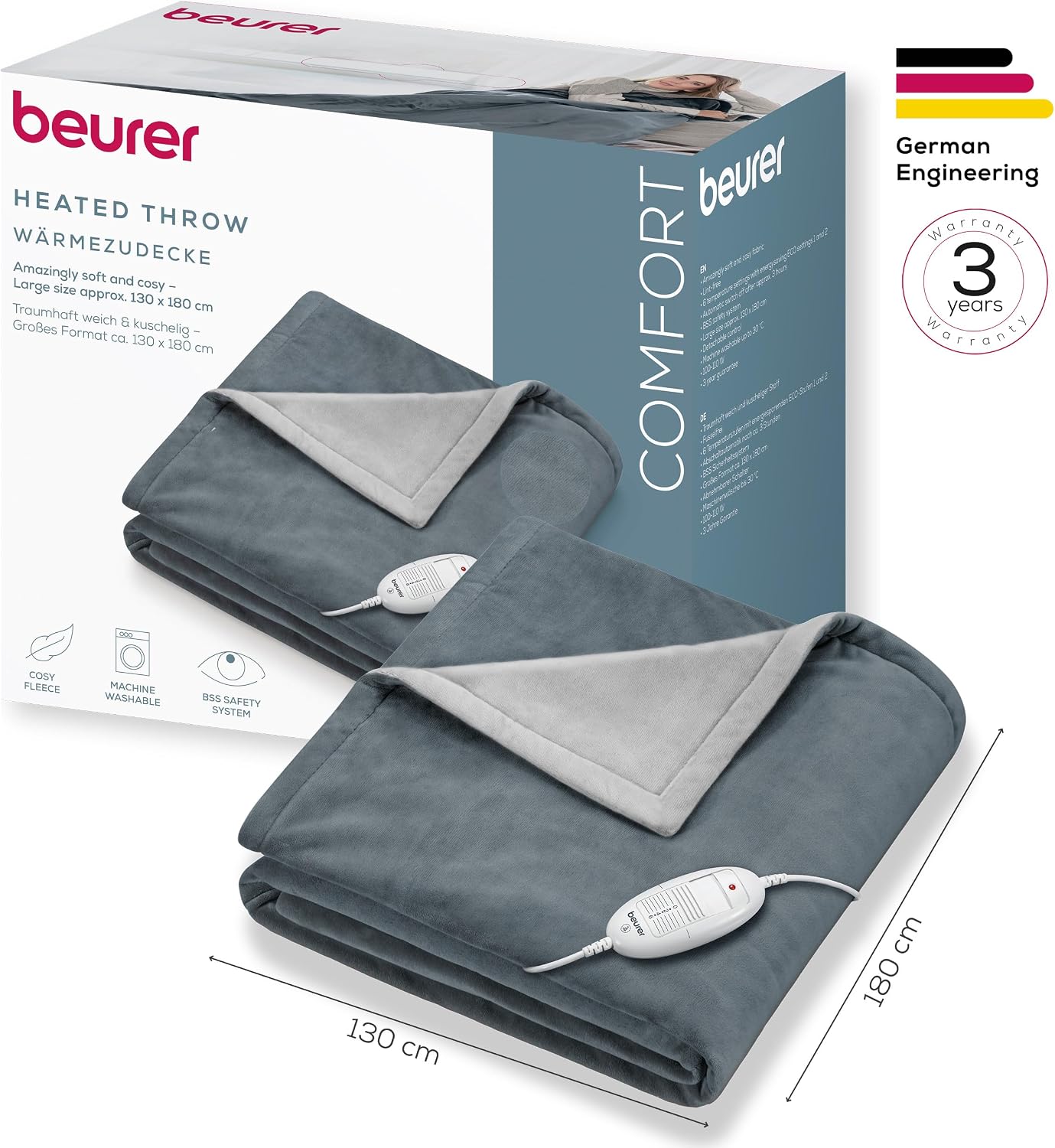 Beurer HD 75 Dunkelgraue Heizdecke, kuschelig weiche Wärmedecke, 6 Temperaturstufen, maschinenwaschbar, mit automatischer Abschaltung und besonders sicher, dunkelgrau, 180 x 130 cm – Bild 7
